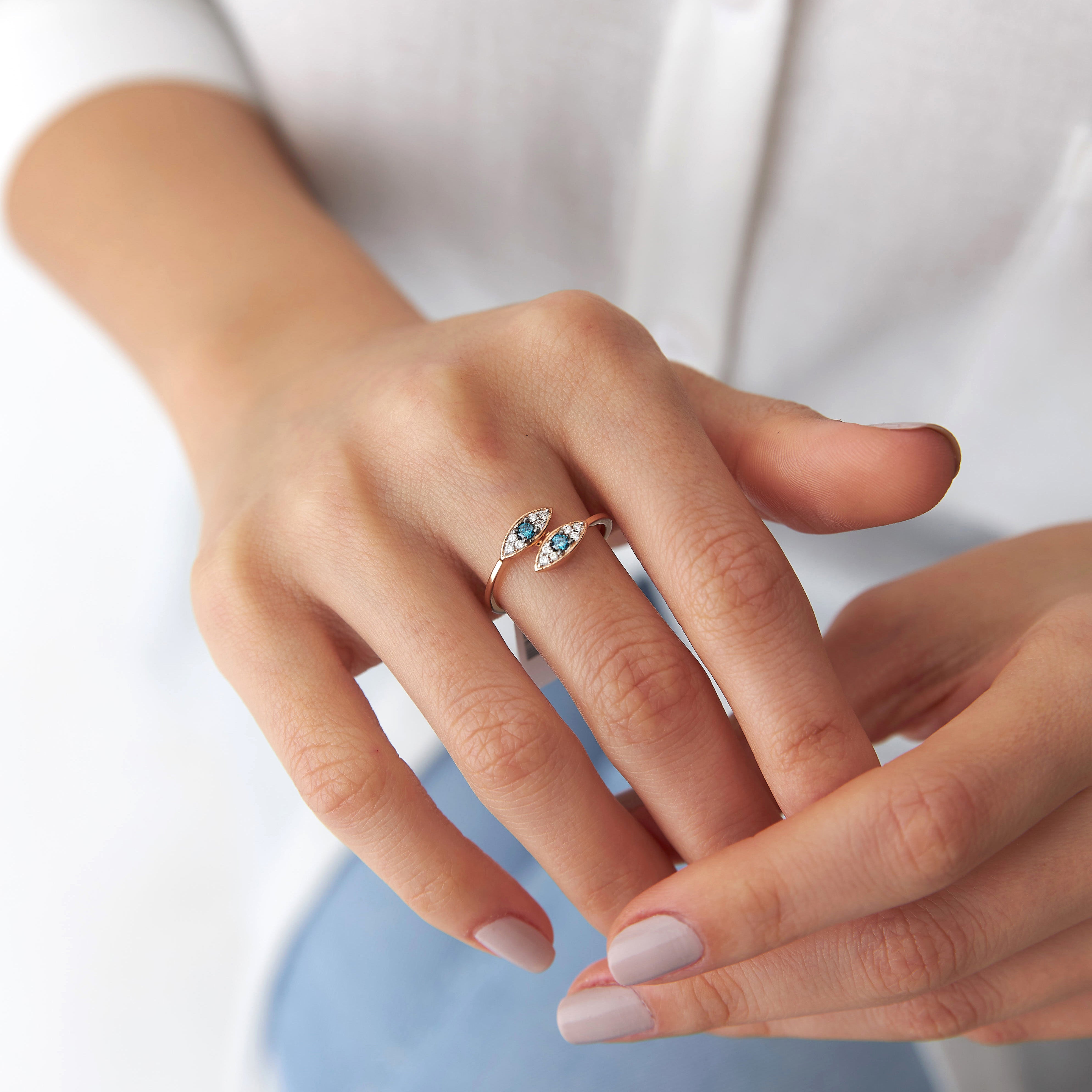 14K Gold Evil Eye Ring With White and Blue Diamonds