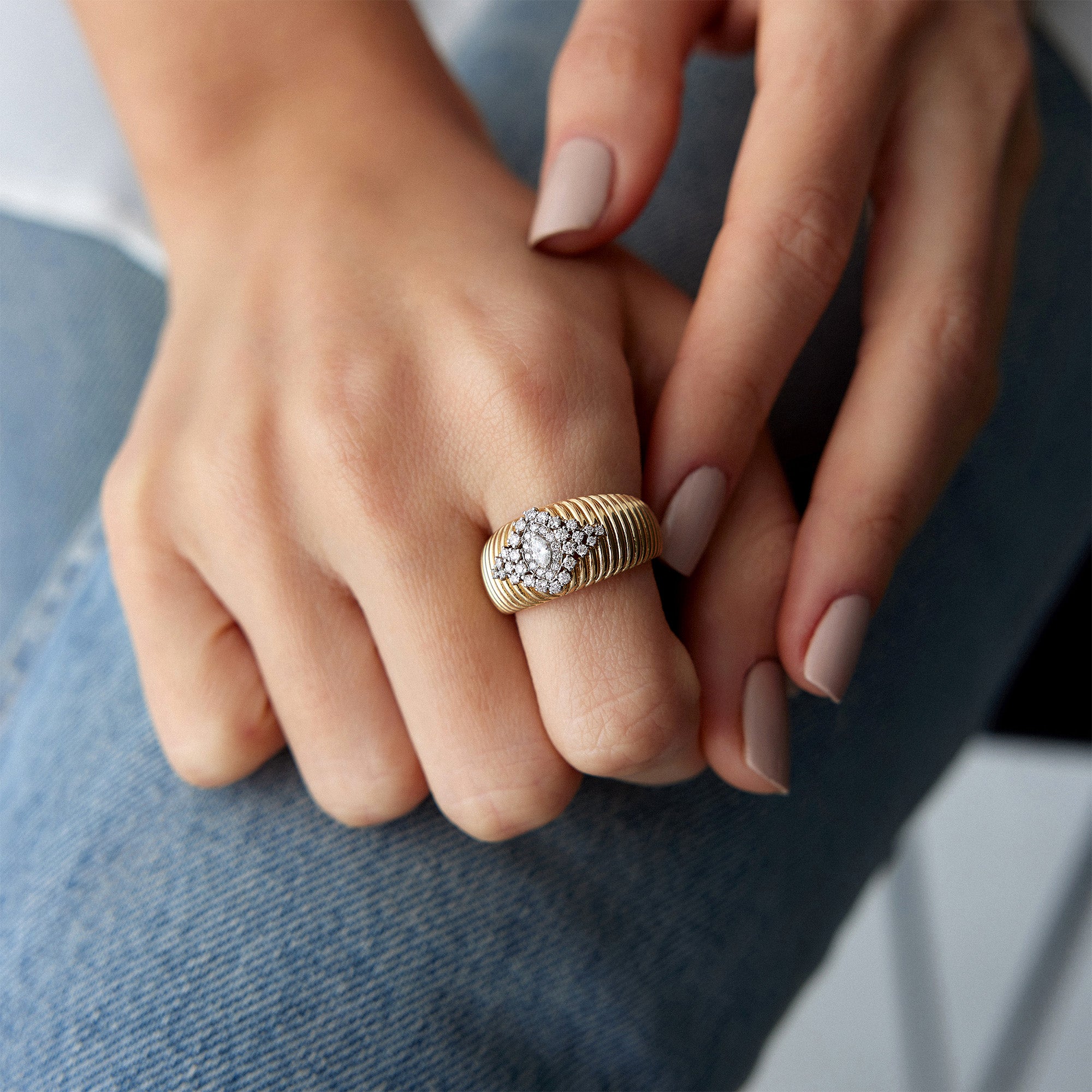 14K Gold Marquise Diamond Dome Ring