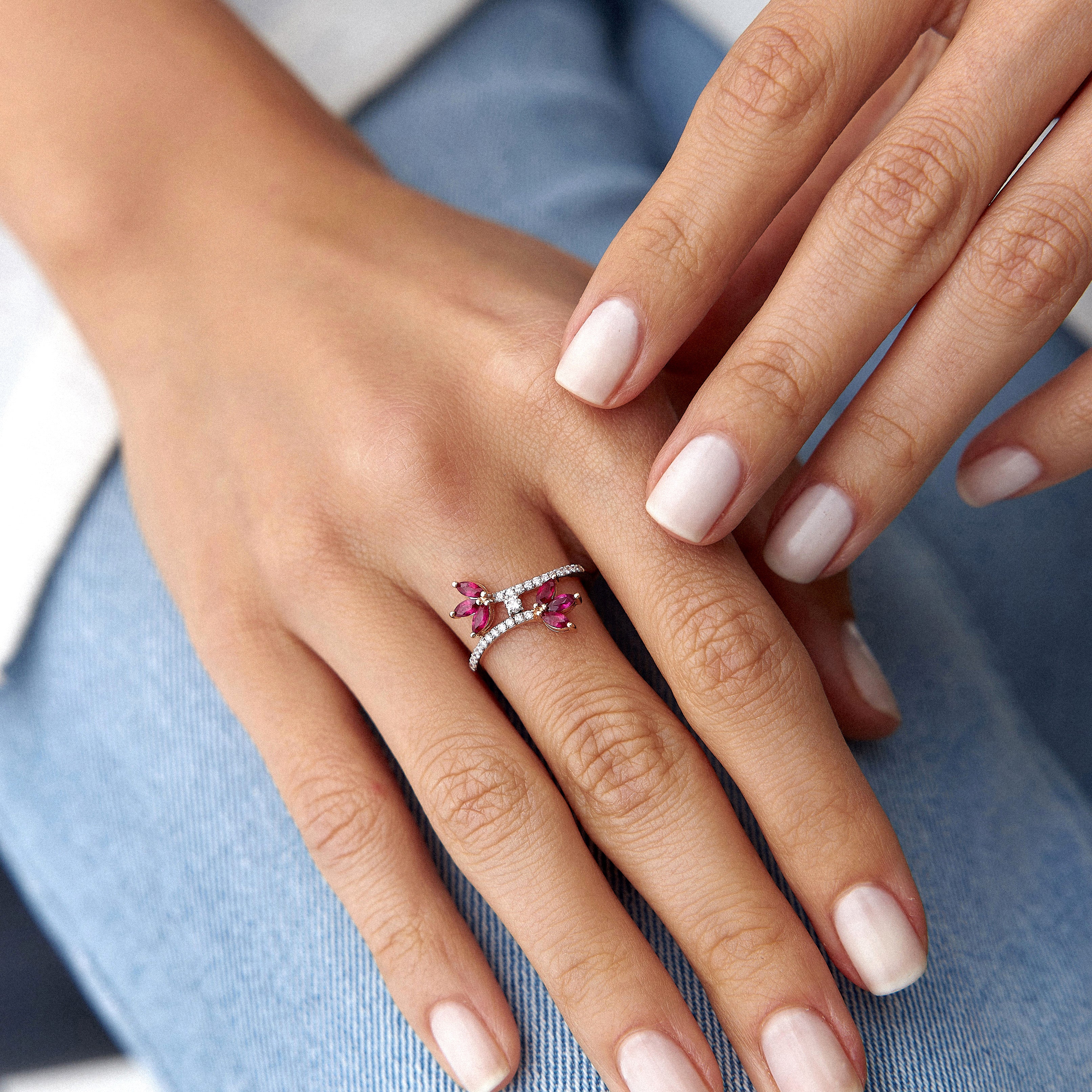 Marquise Cut Ruby and Diamond Flower Ring in 14K Gold