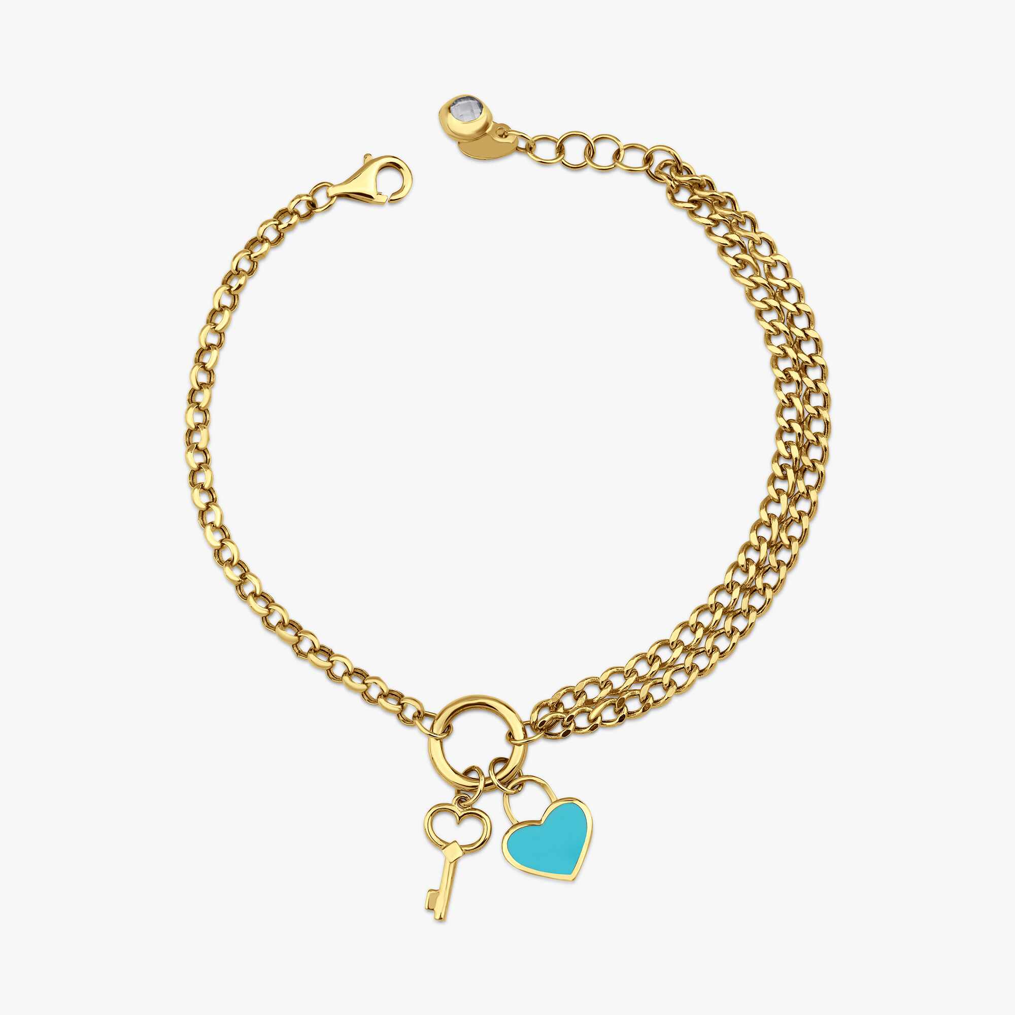 A 14k yellow gold charm bracelet with a heart and a key charm at its center