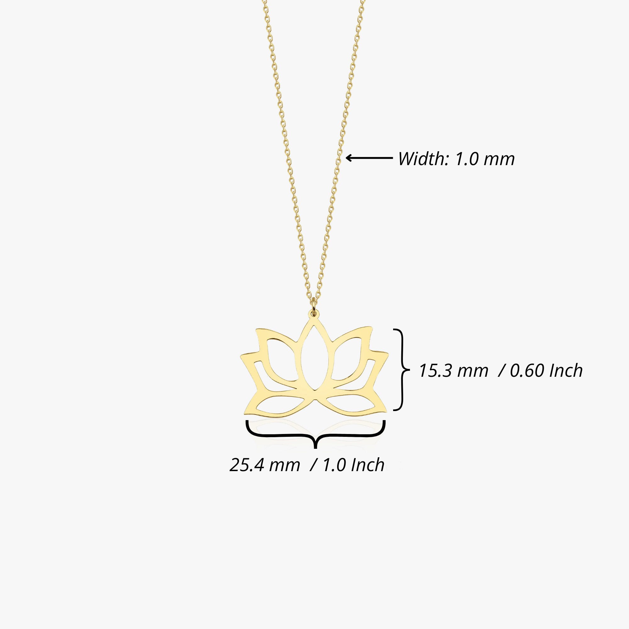 A 14k yellow gold lotus necklace shown on a white background alongside its measurements