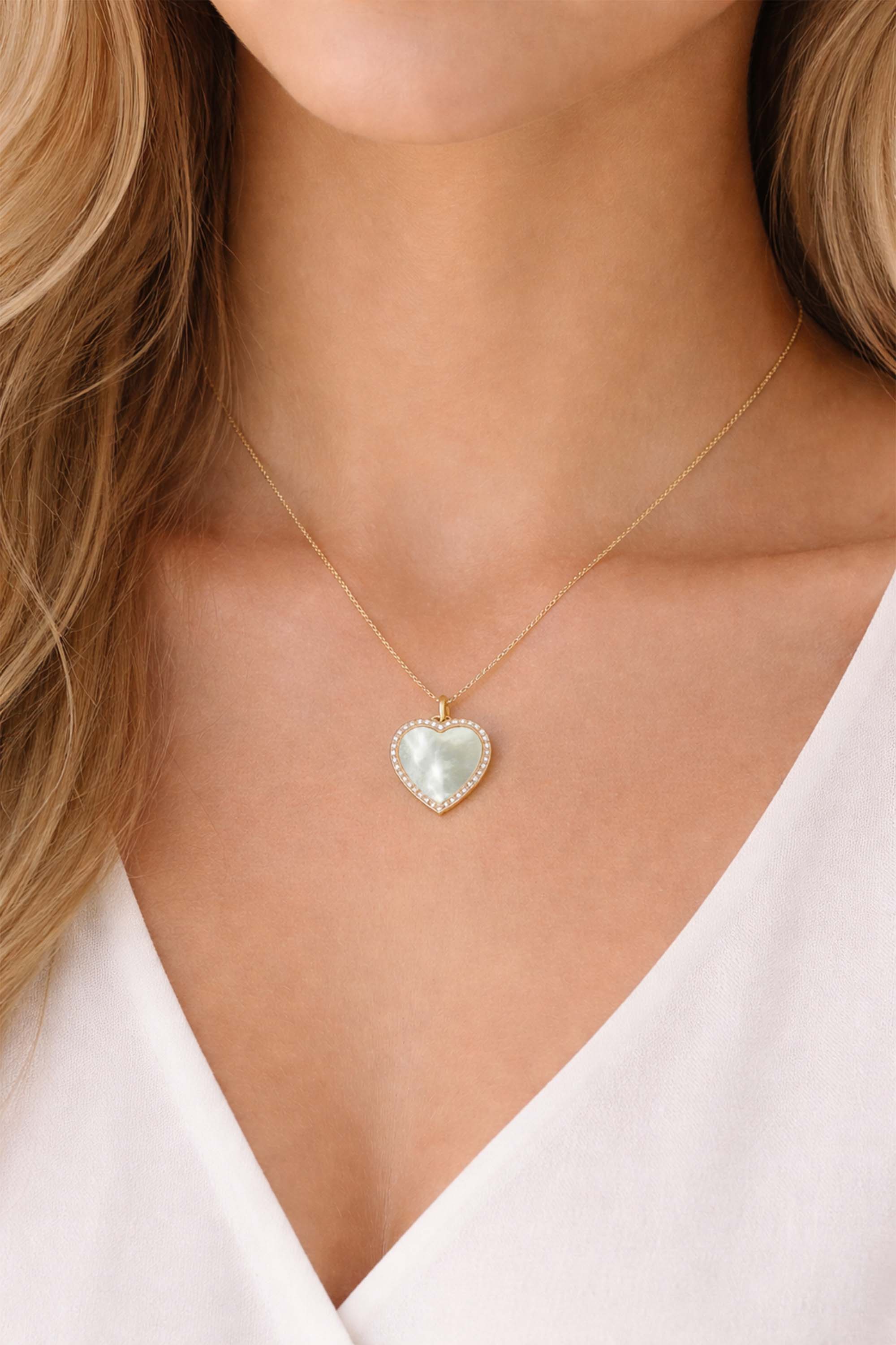 Large Diamond Mother of Pearl Heart Pendant in 14K Gold