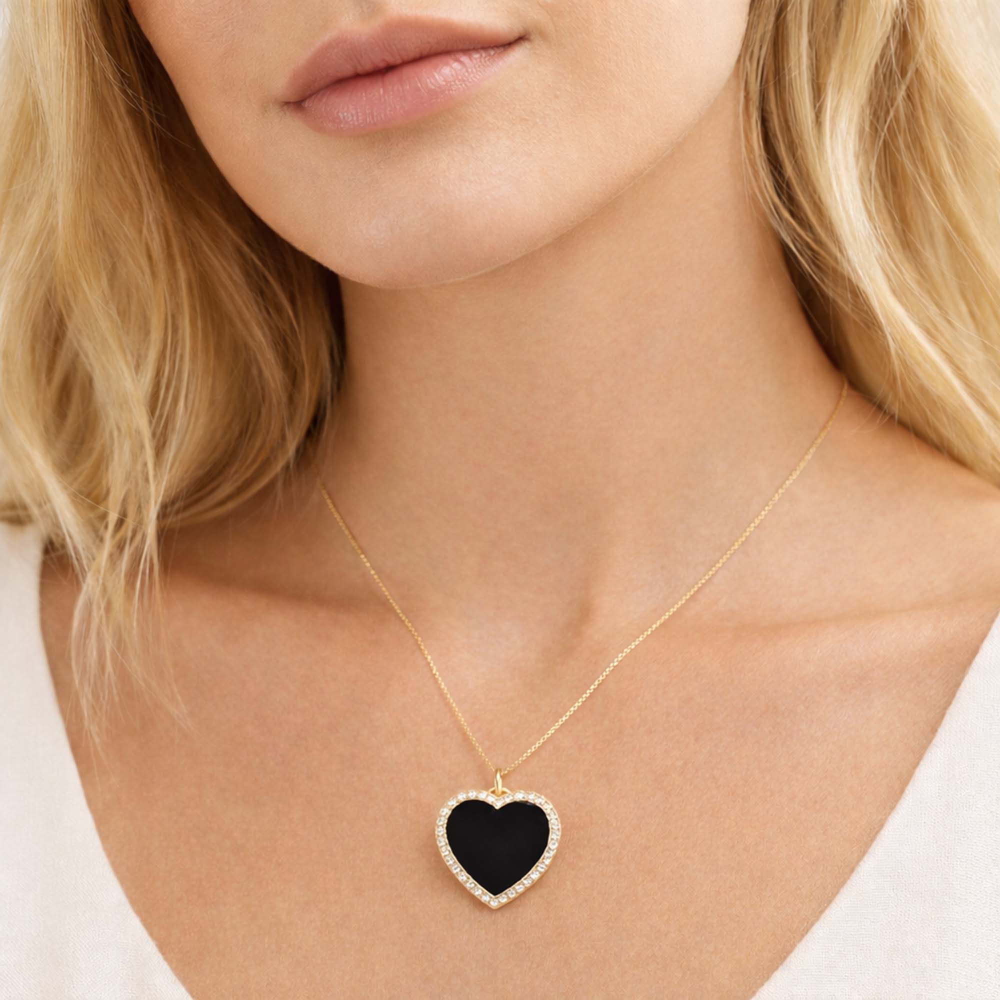 Large Diamond Onyx Heart Pendant in 14K Gold