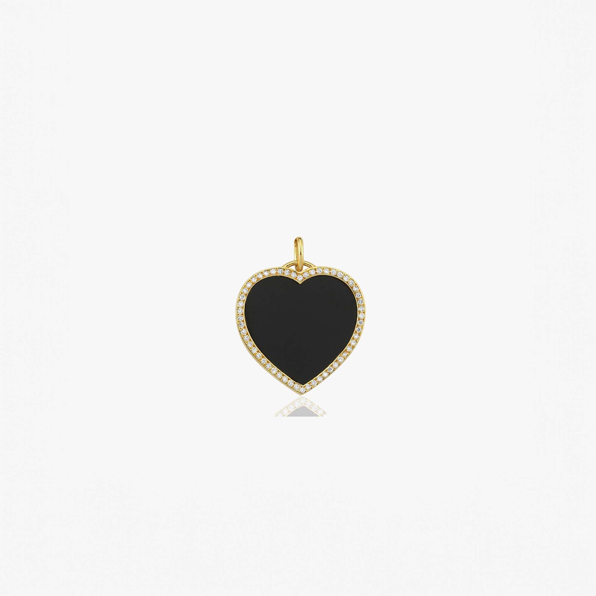 Large Diamond Onyx Heart Pendant in 14K Gold