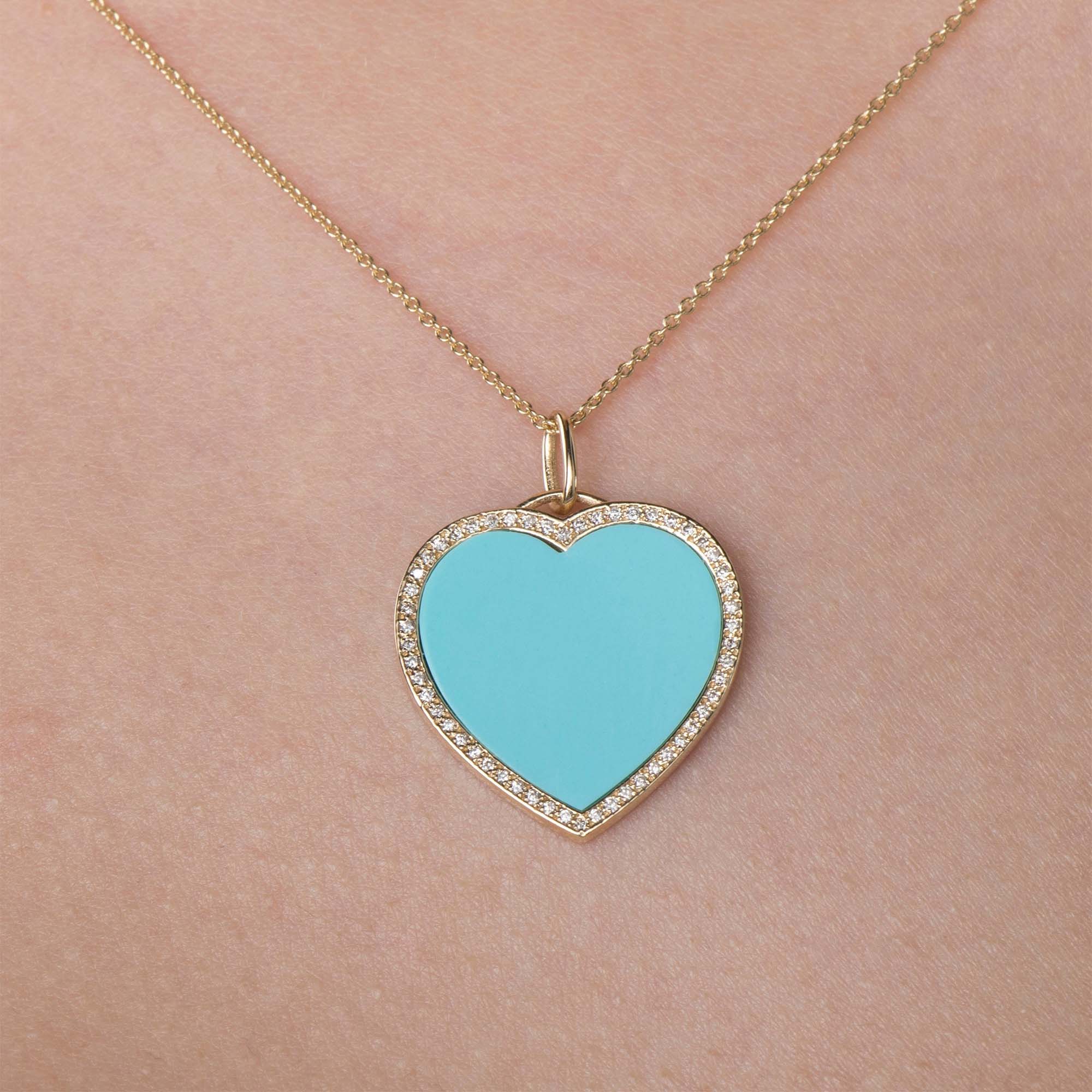 Large Diamond Turquoise Heart Necklace in 14K Gold
