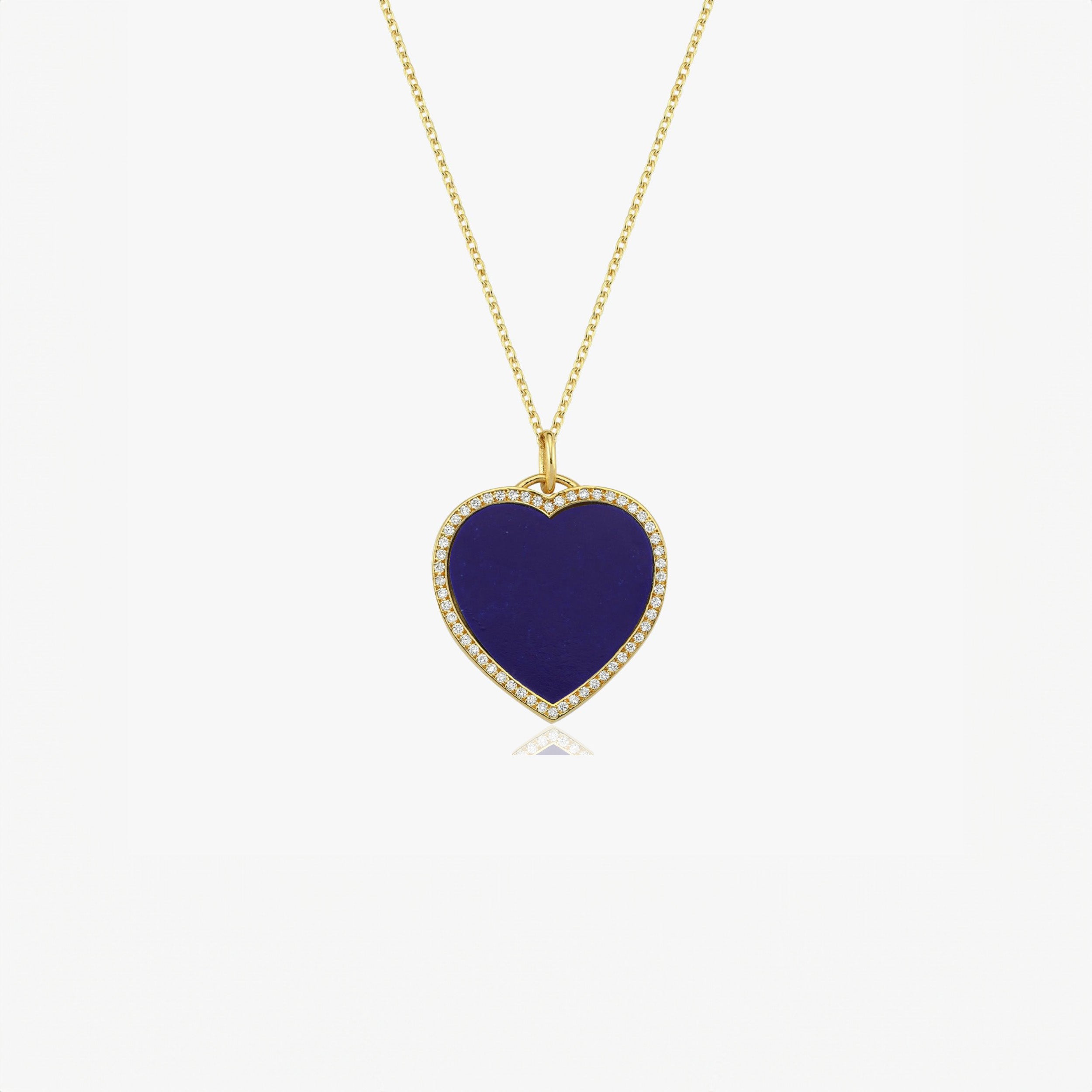 Large Lapis Lazuli and Diamond Heart Pendant Necklace in 14K Gold