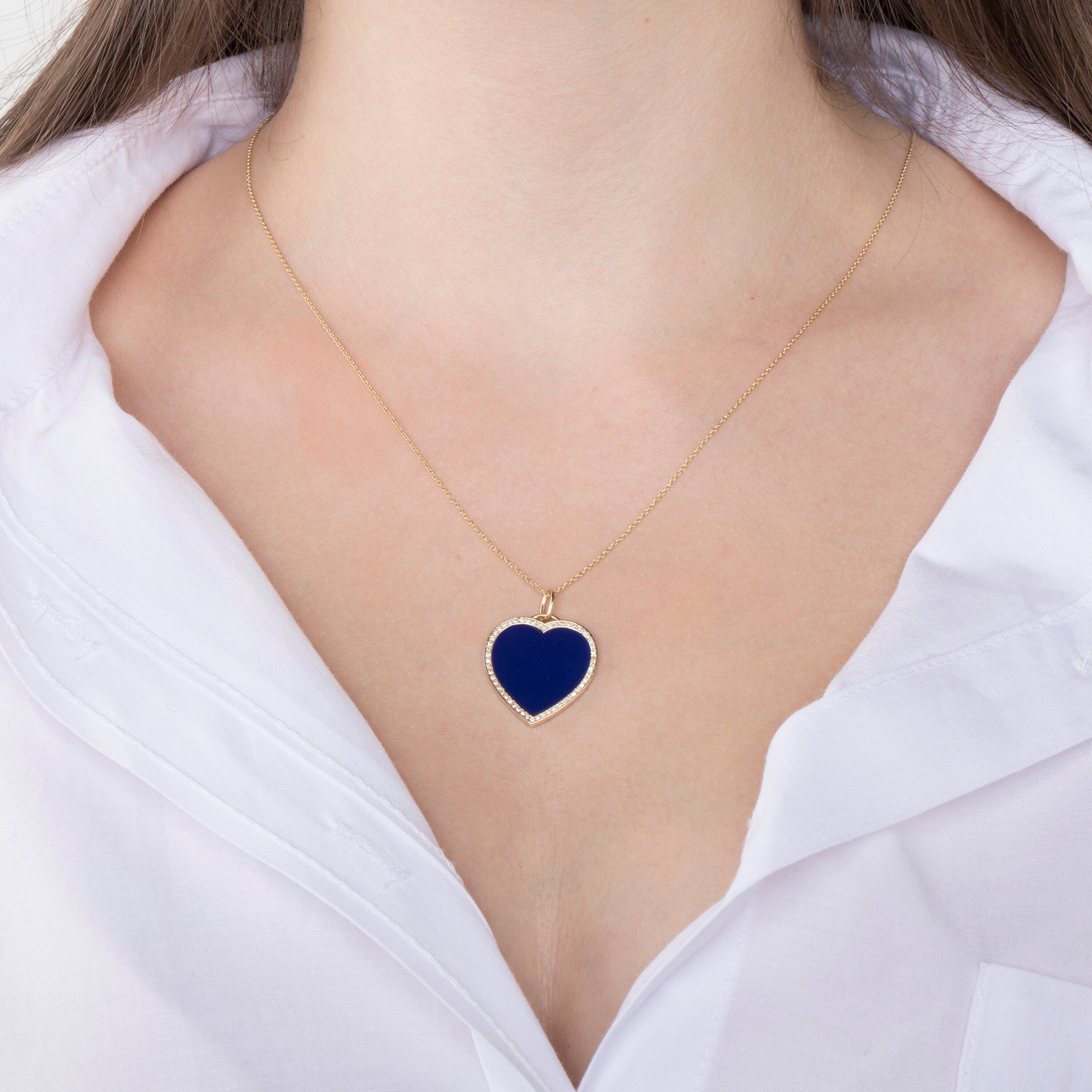 Large Lapis Lazuli and Diamond Heart Pendant Necklace in 14K Gold