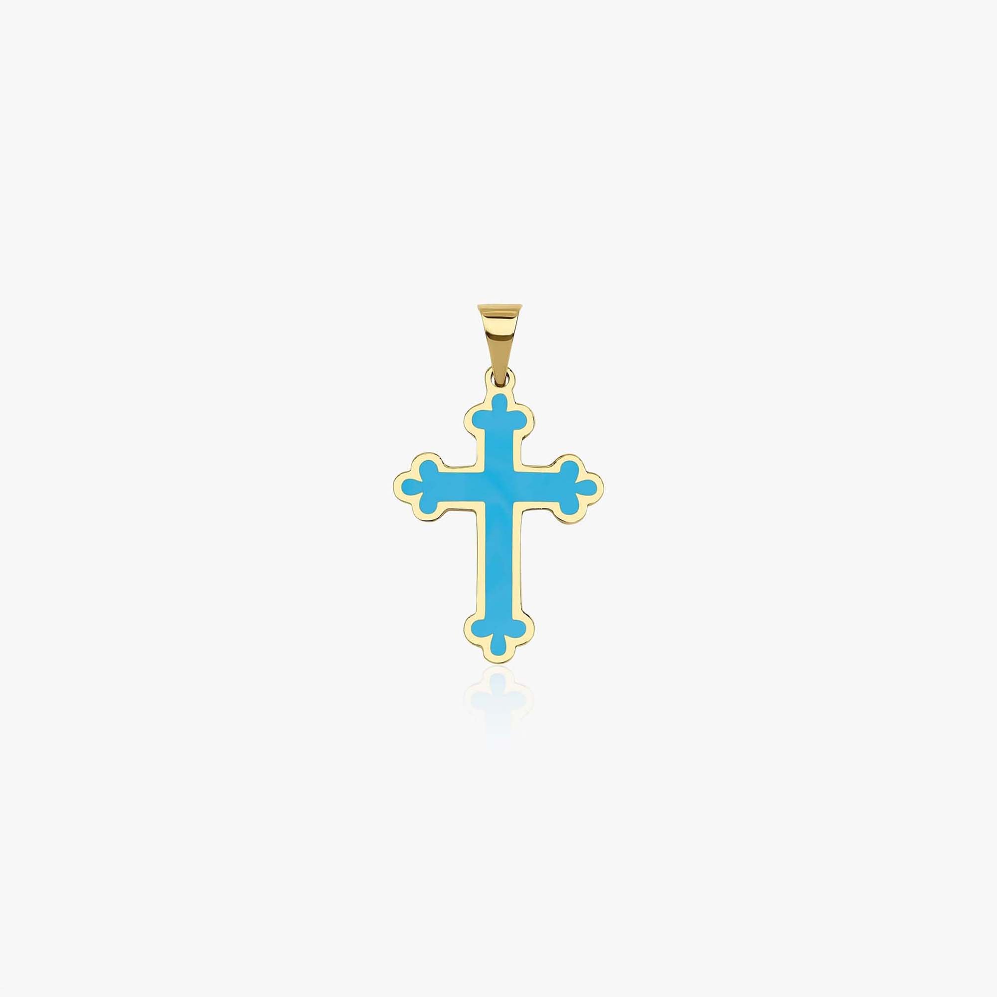Large 14k yellow gold cross pendant with ocean blue enamel center shown on a white background