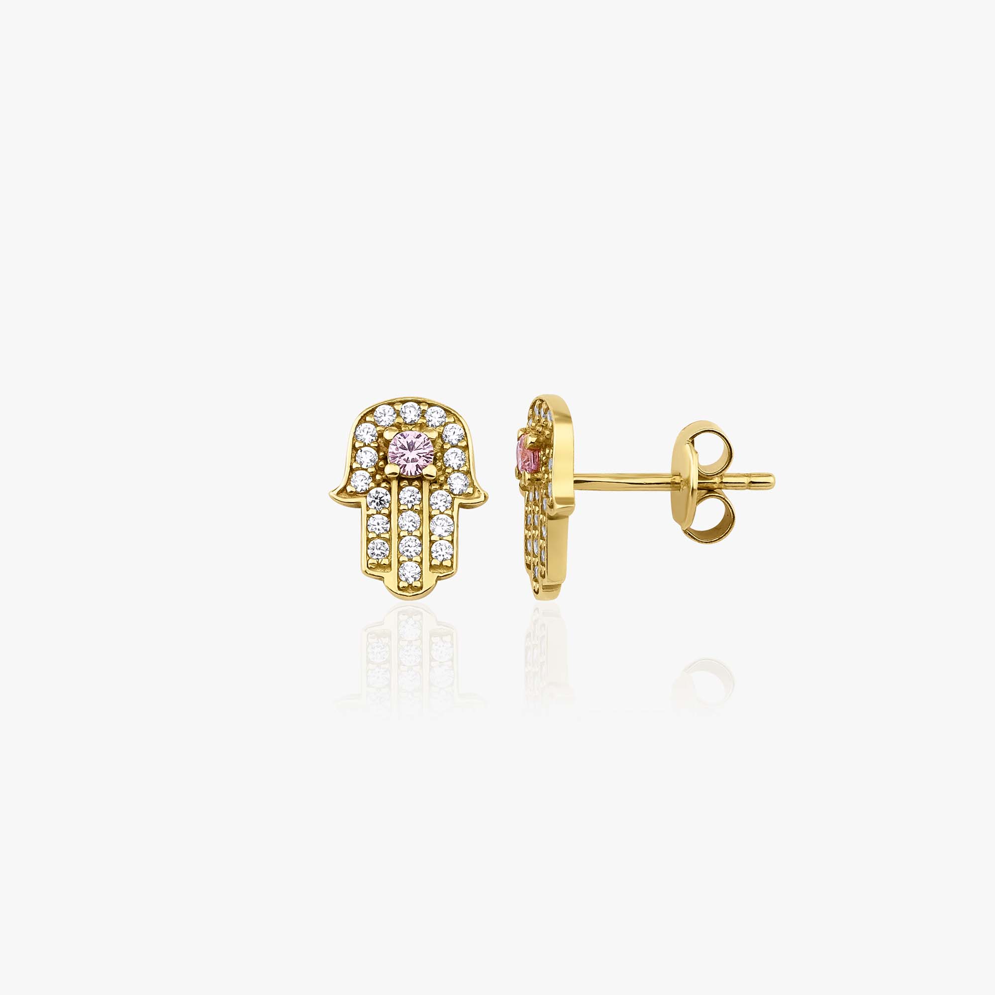 A pair of hamsa studs with pink center stones shown on a white baclground, one shown sideways
