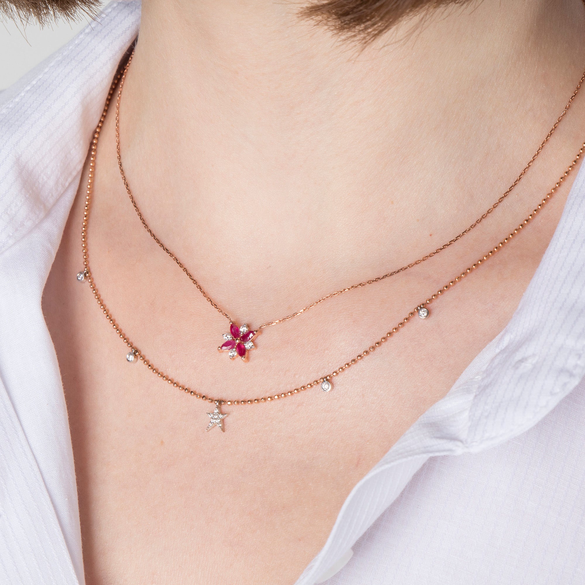 Ruby and Diamond Lotus Necklace in 14K Gold