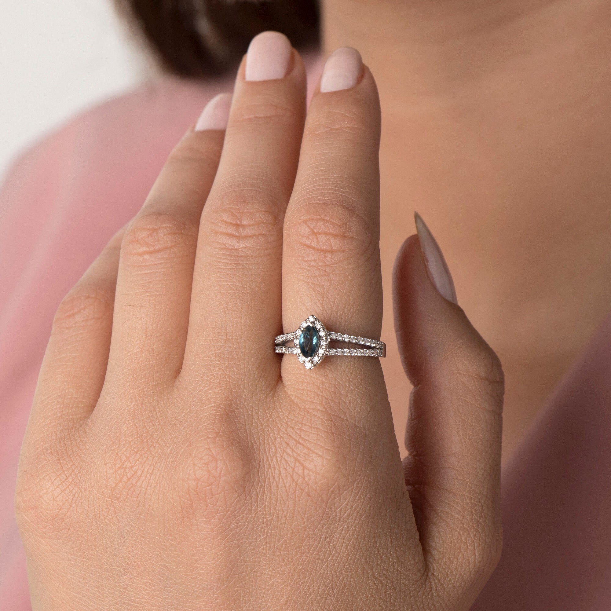 Marquise Blue Topaz and Diamond Ring in 14K Gold