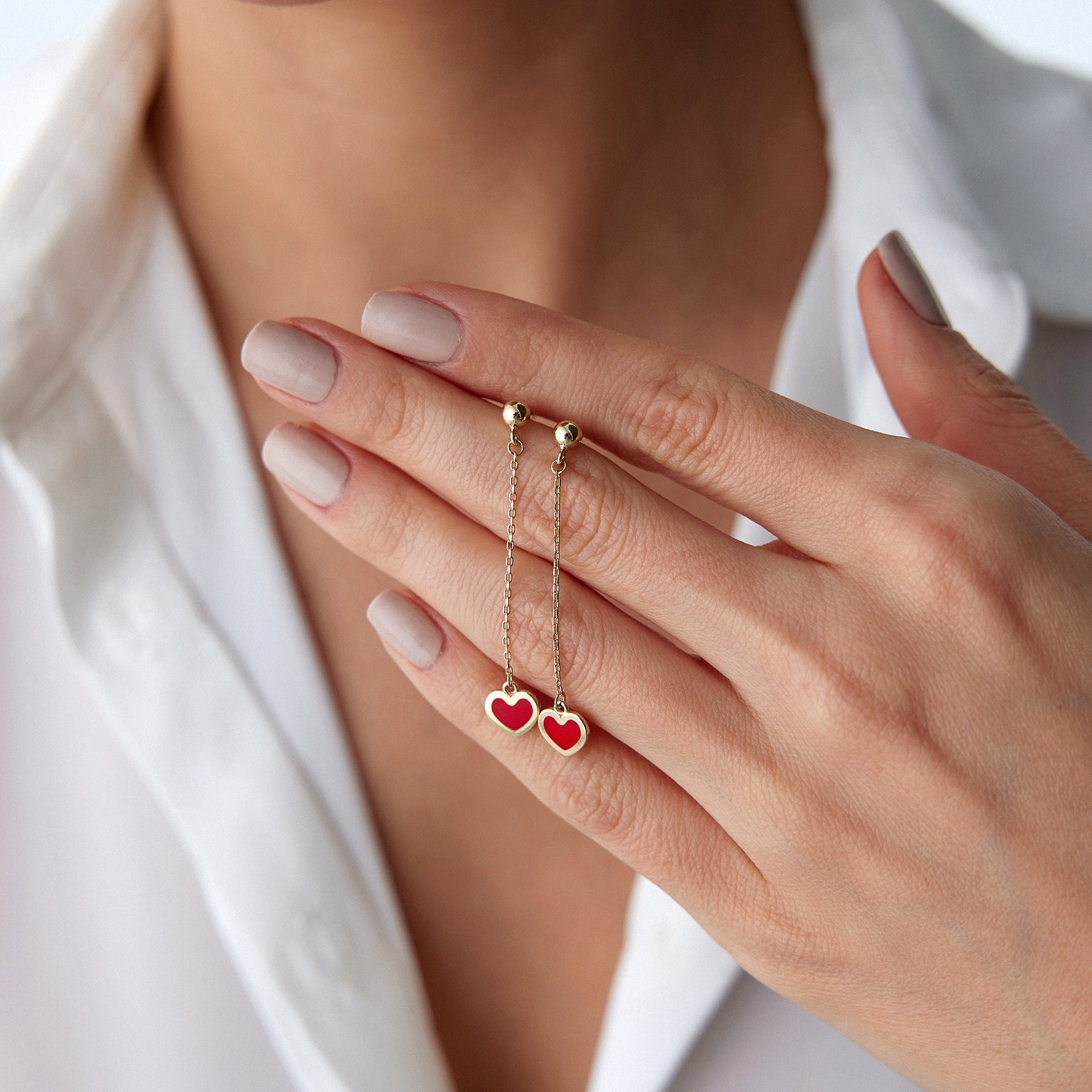 Mini Dangle Red Heart Stud Earrings in 14K Gold