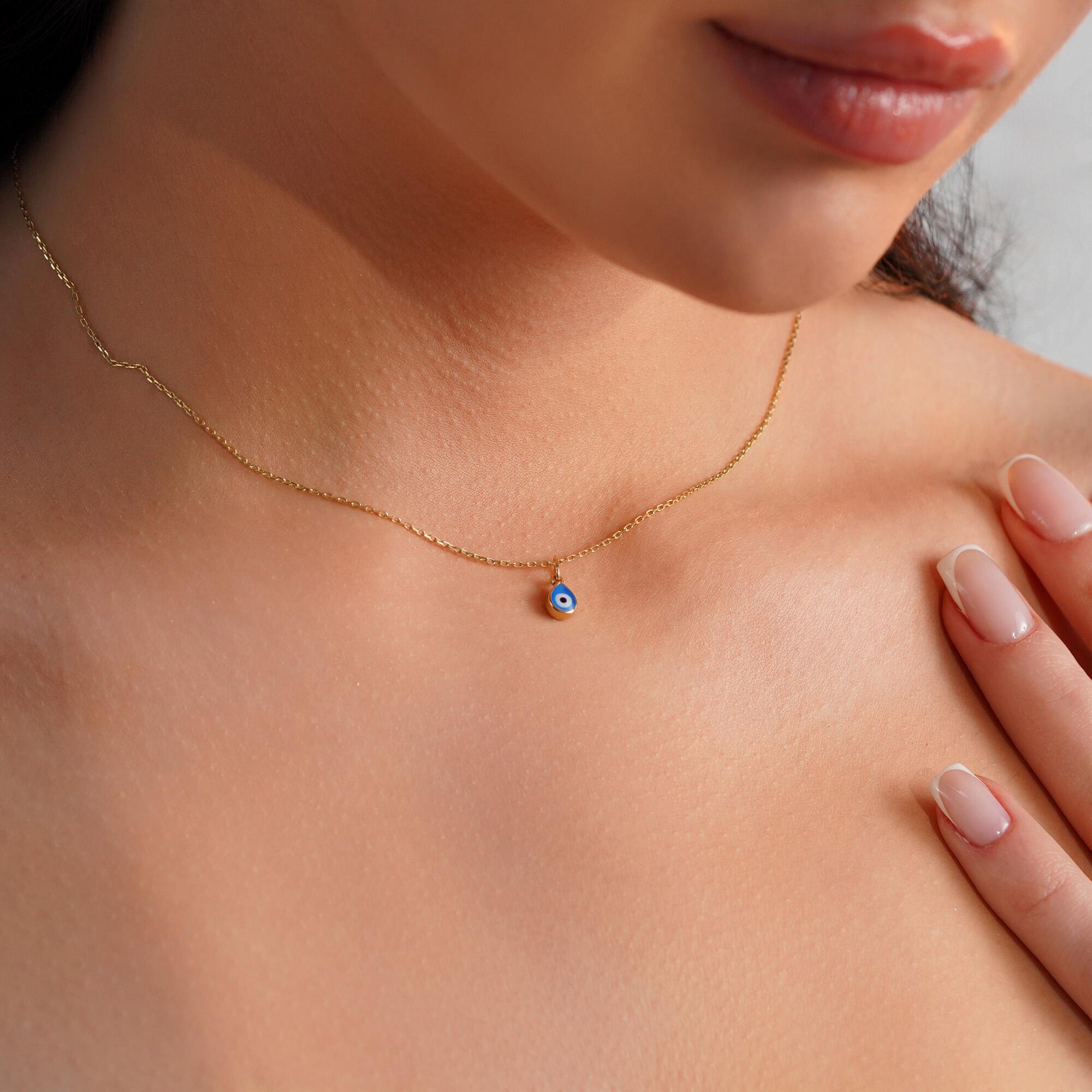 Mini Raindrop Navy Blue Evil Eye Charm in 14K Gold
