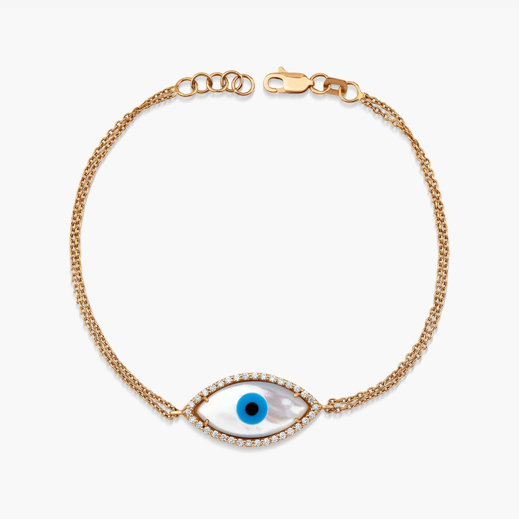 Diamond and Mother of Pearl Evil Eye Bracelet in 14K Gold
