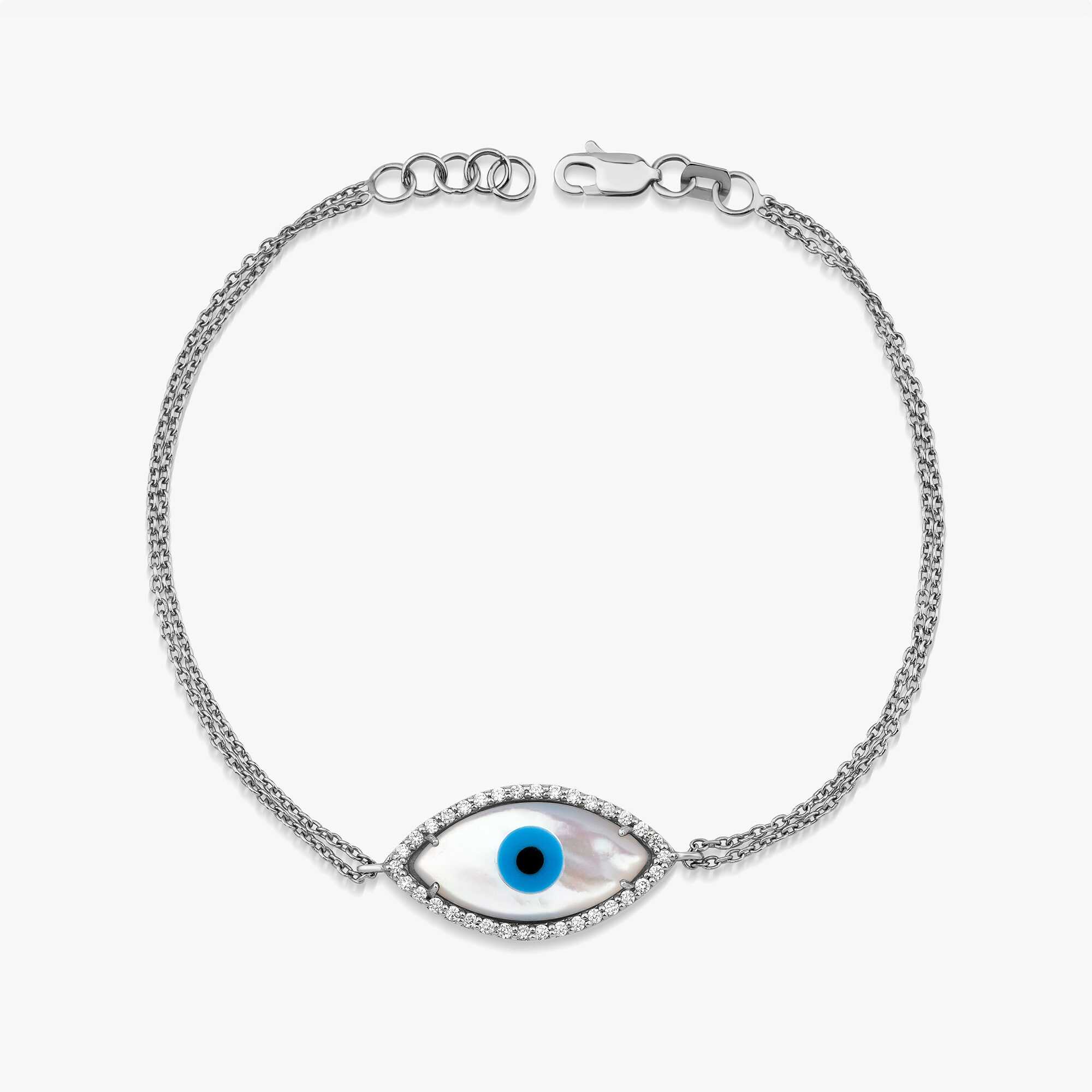 Diamond and Mother of Pearl Evil Eye Bracelet in 14K Gold