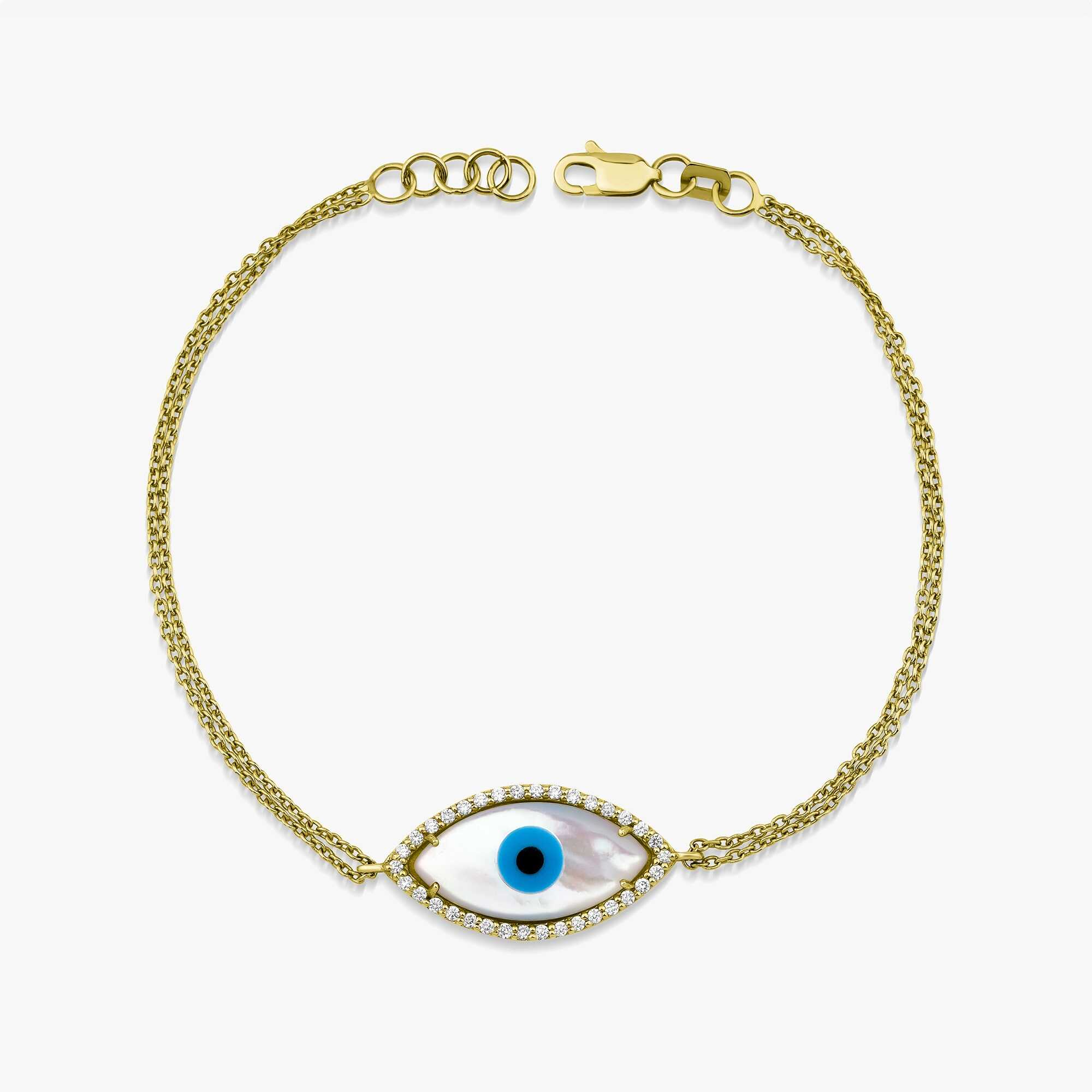 Diamond and Mother of Pearl Evil Eye Bracelet in 14K Gold