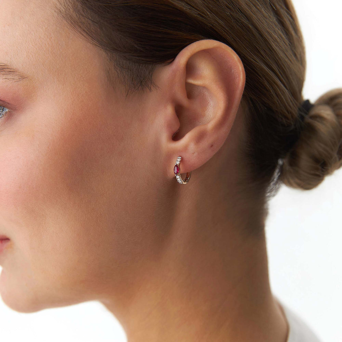Marquise Ruby and Diamond Hoops in 14K Gold