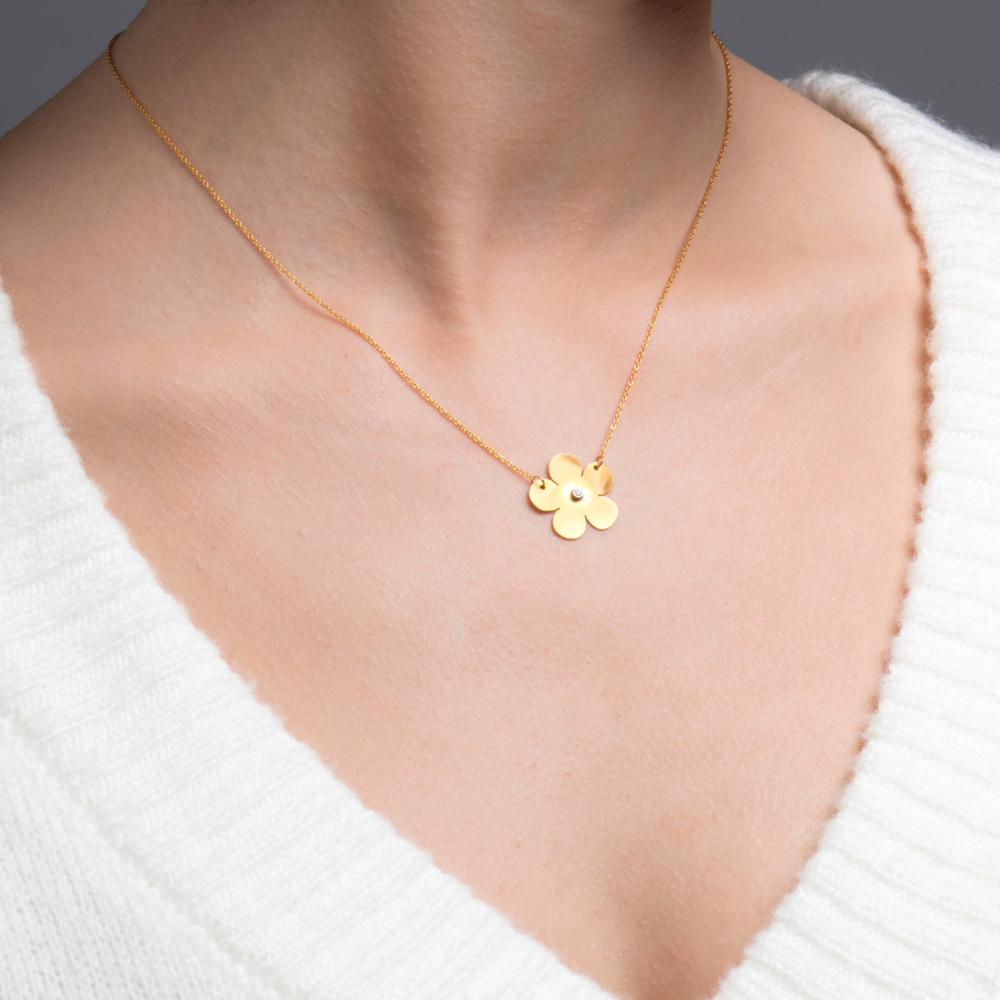 Matte Finish Diamond Flower Necklace in 14K Gold