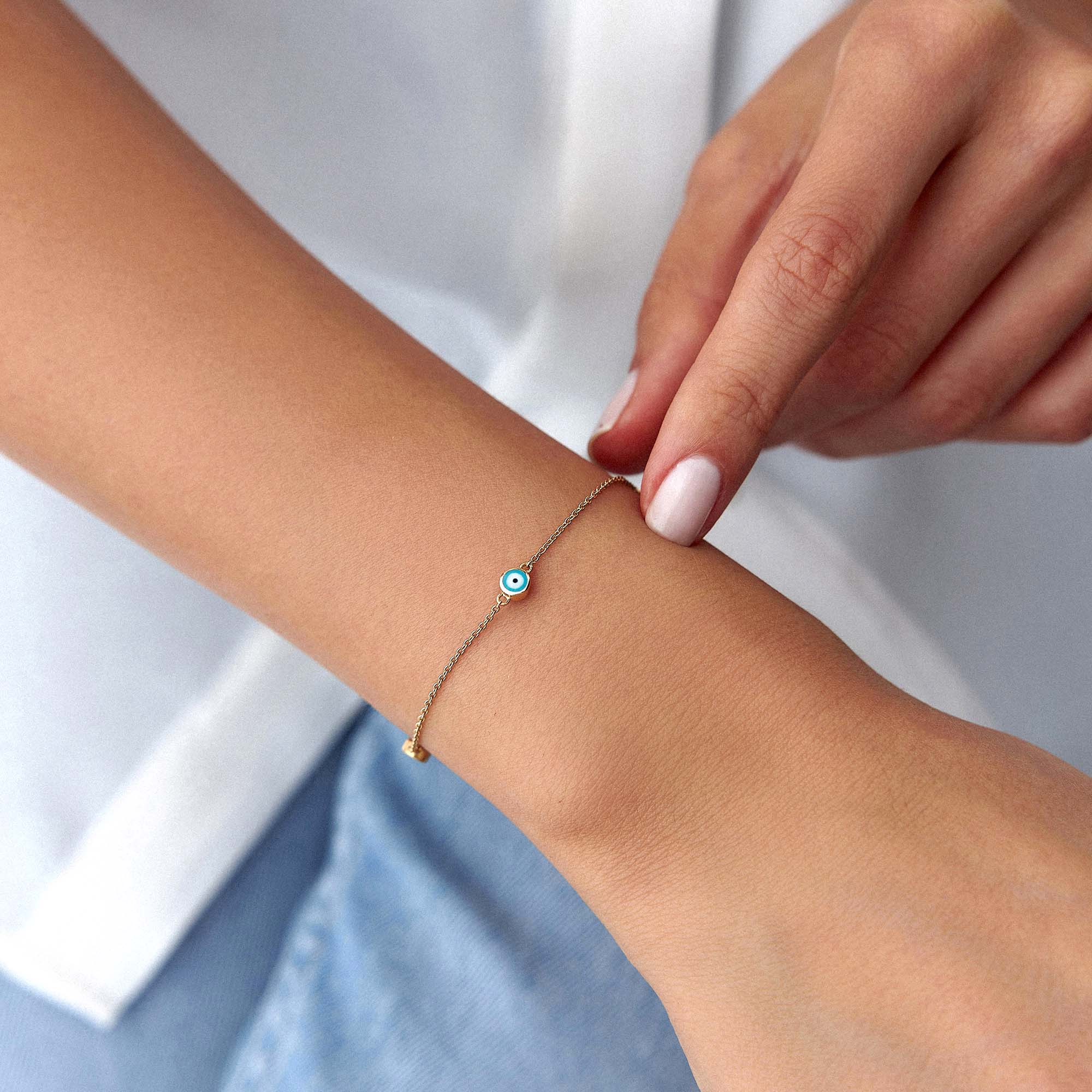 Mini 3 Ocean Blue Evil Eye Bracelet in 14K Gold