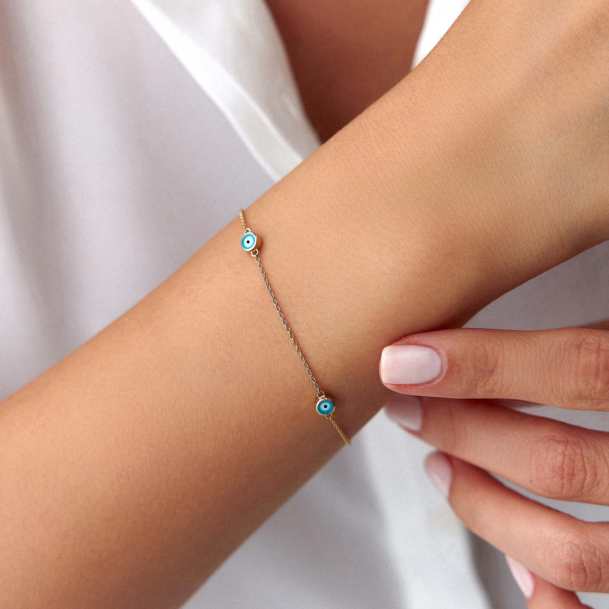 Mini 3 Ocean Blue Evil Eye Bracelet in 14K Gold