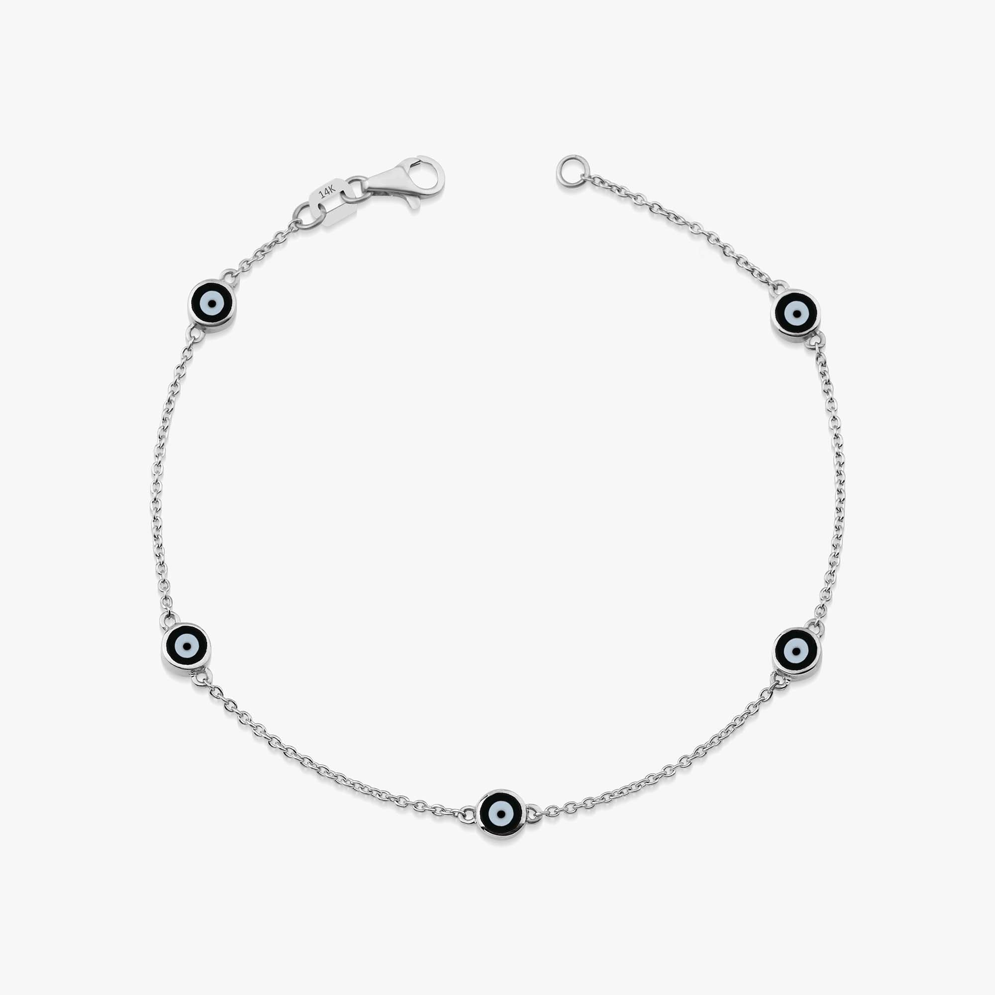 14K white gold evil eye bracelet with 5 black evil eyes shown on a white background