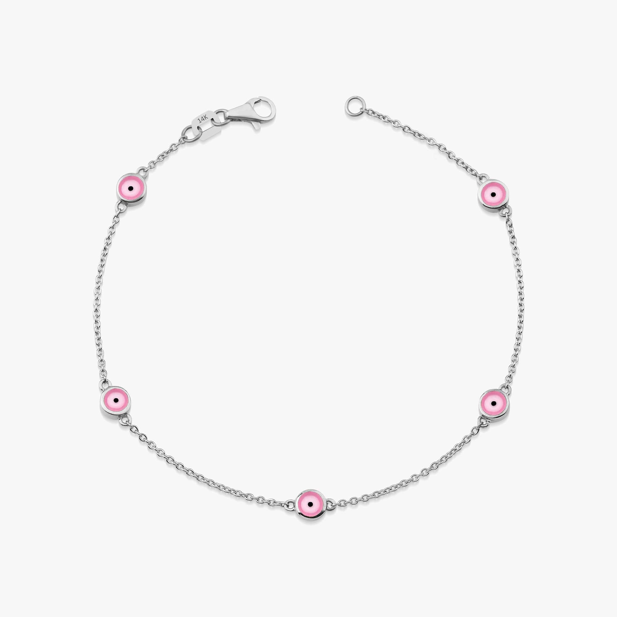 14k white gold pink evil eye bracelet with 5 evil eyes on a white background