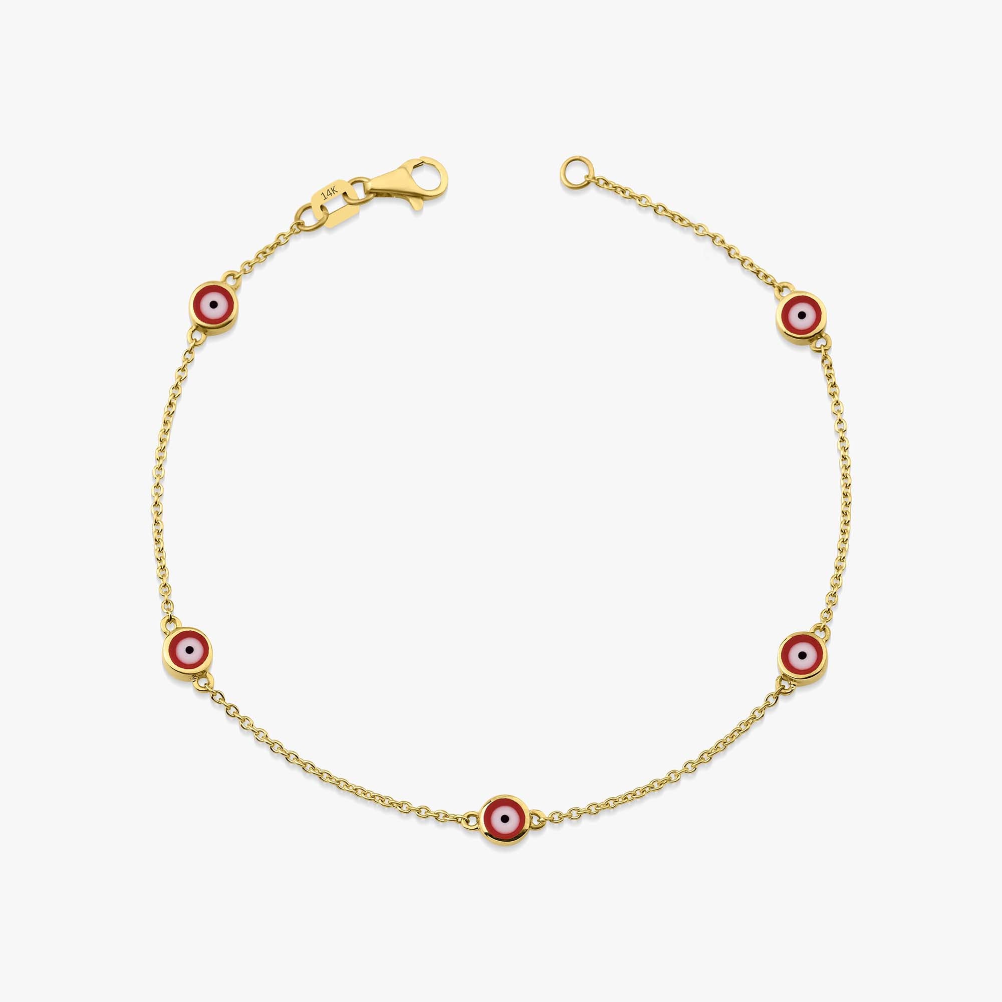 14k yellow gold evil eye bracelet with 5 red evil eyes shown on a white background