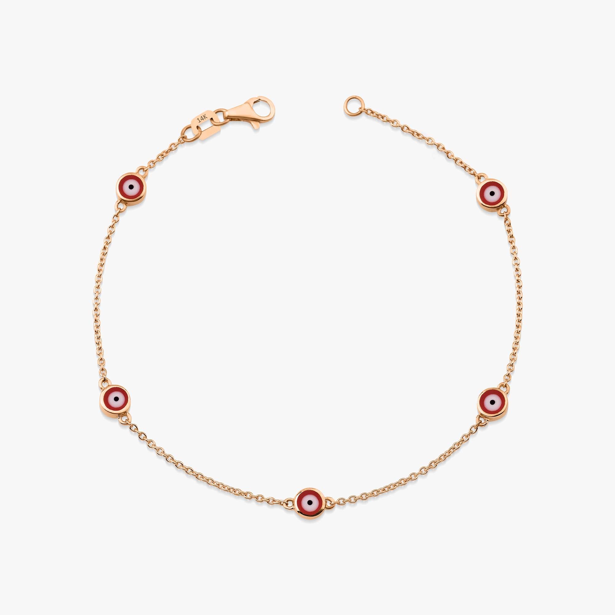 14k rose gold evil eye bracelet with 5 red evil eyes shown on a white background