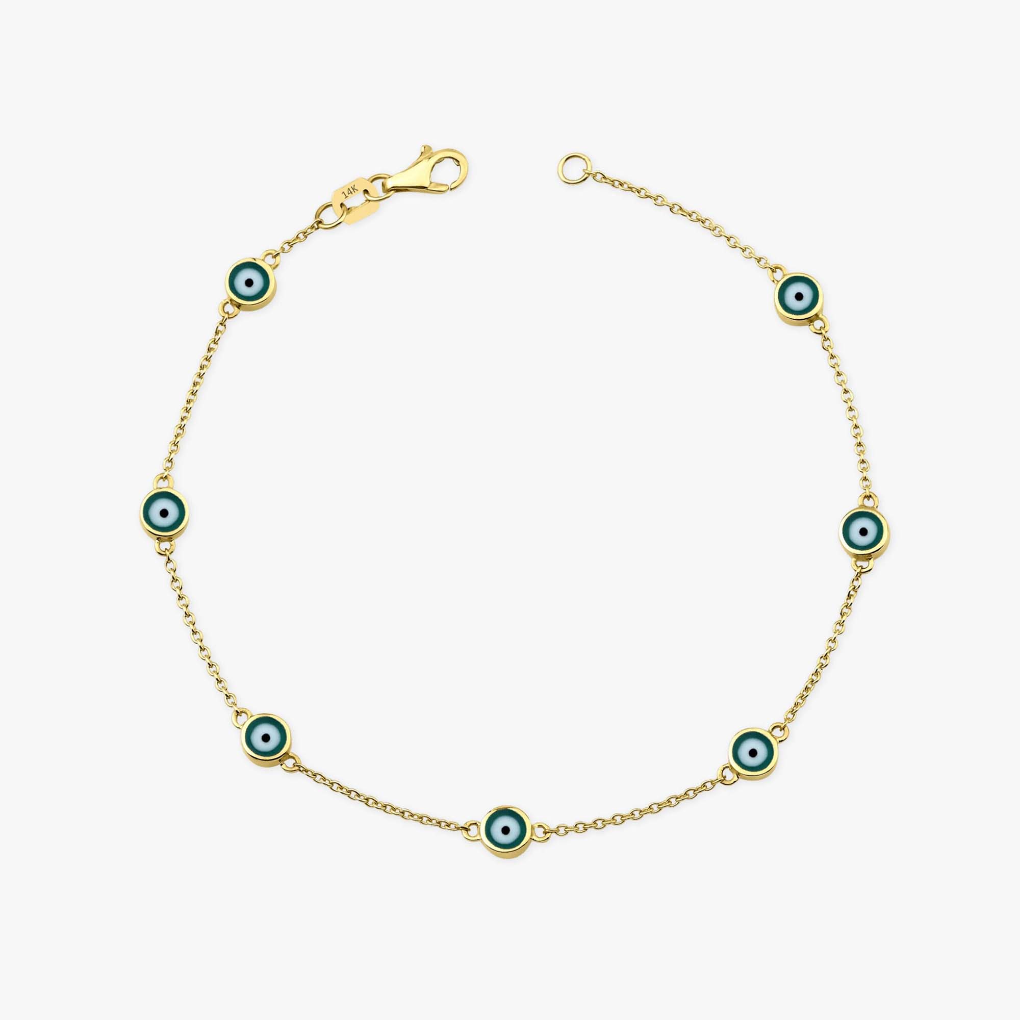 14k yellow gold evil eye bracelet with 7 green evil eyes shown on a white background