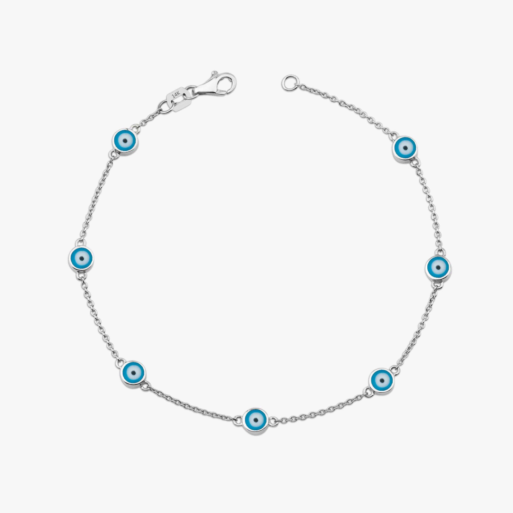 14k white gold ocean blue evil eye bracelet with 7 evil eyes shown on a white background