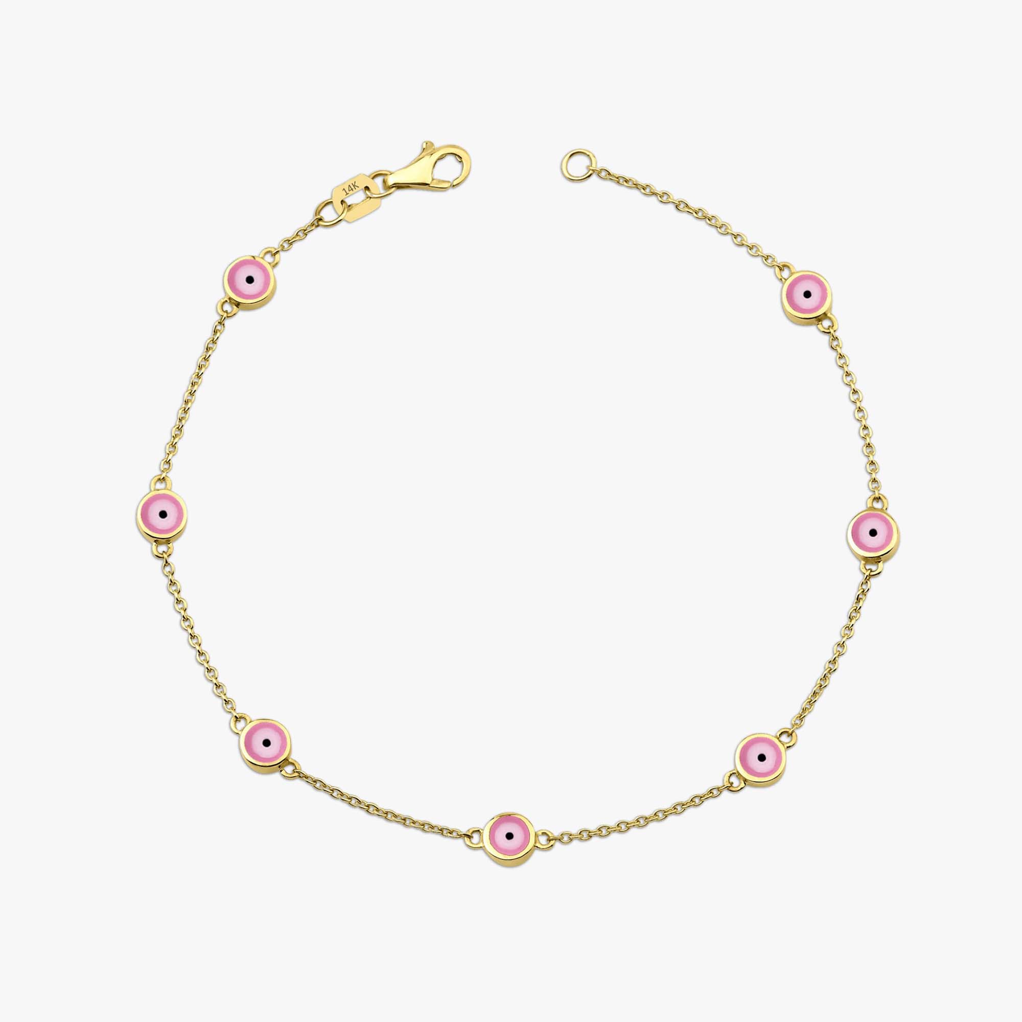 14k yellow gold 7 pink evil eye bracelet shown on a white background