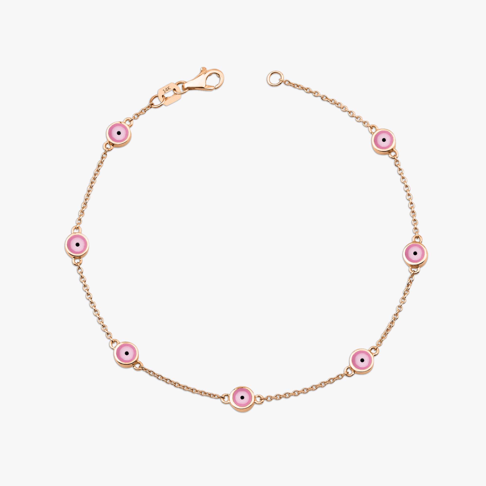 14k rose gold 7 pink evil eye bracelet shown on a white background
