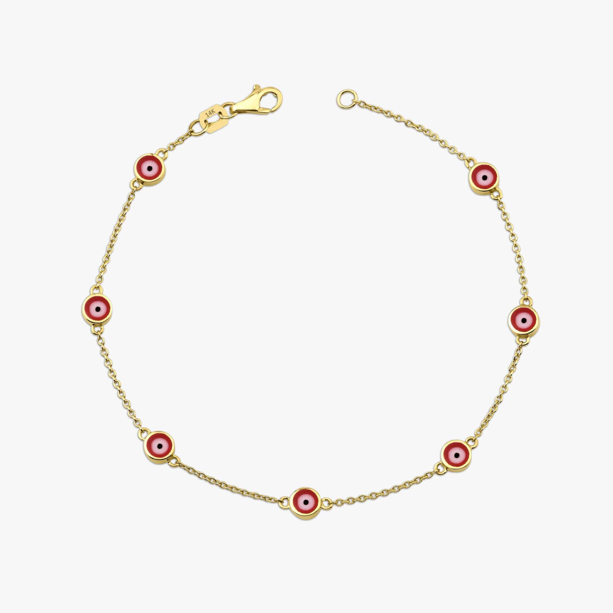 14k yellow gold red evil eye bracelet with 7 evil eyes shown on a white background