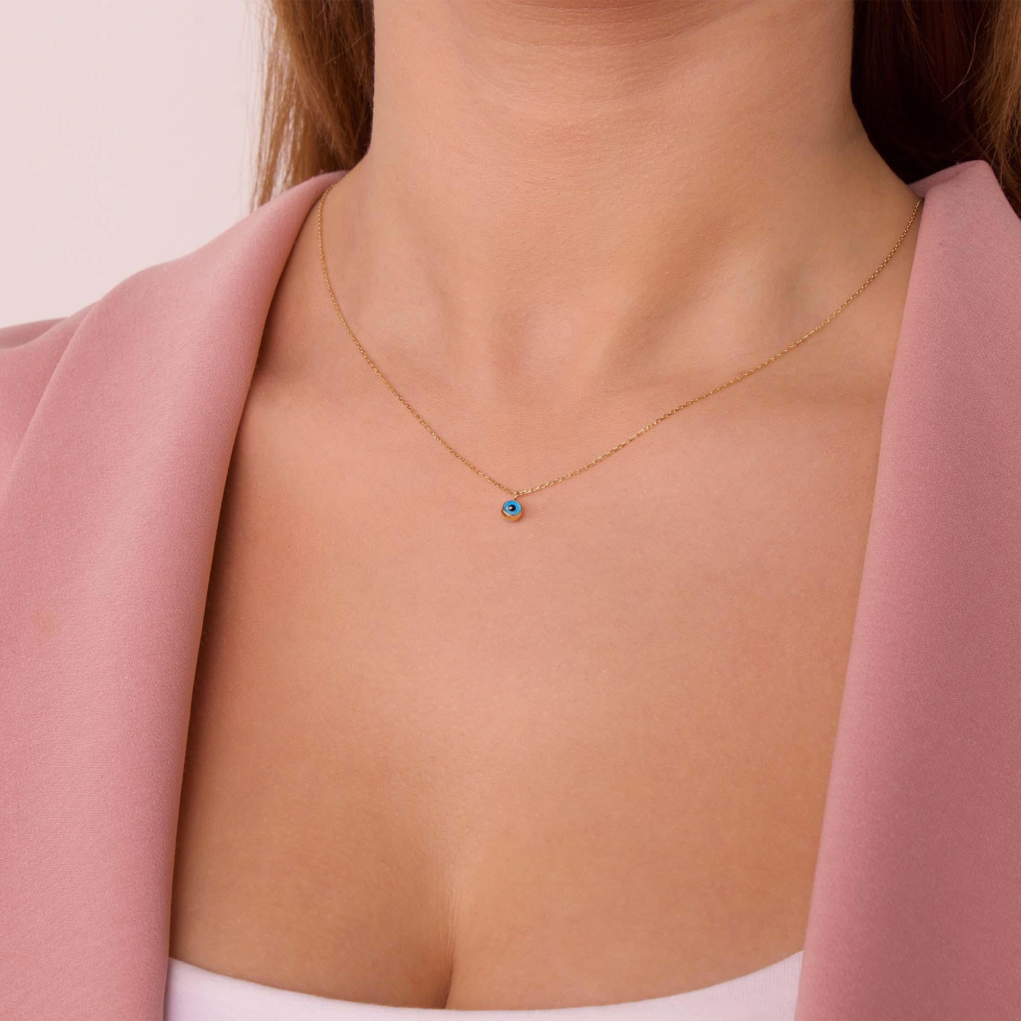 Minimal Chubby Blue Evil Eye Necklace in 14K Gold
