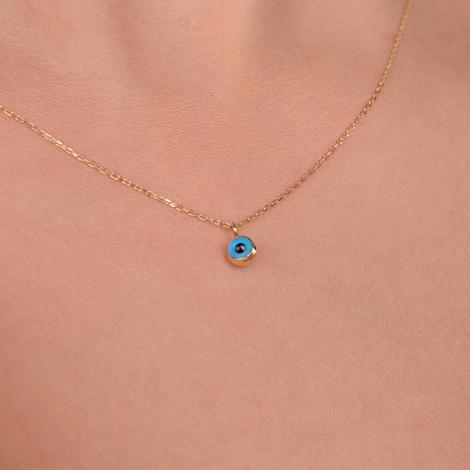 Minimal Chubby Blue Evil Eye Necklace in 14K Gold