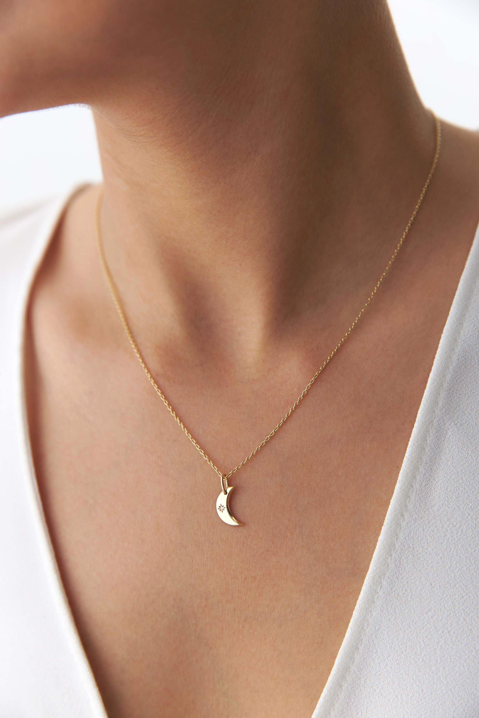 Mini Diamond Crescent Moon Necklace in 14K Gold