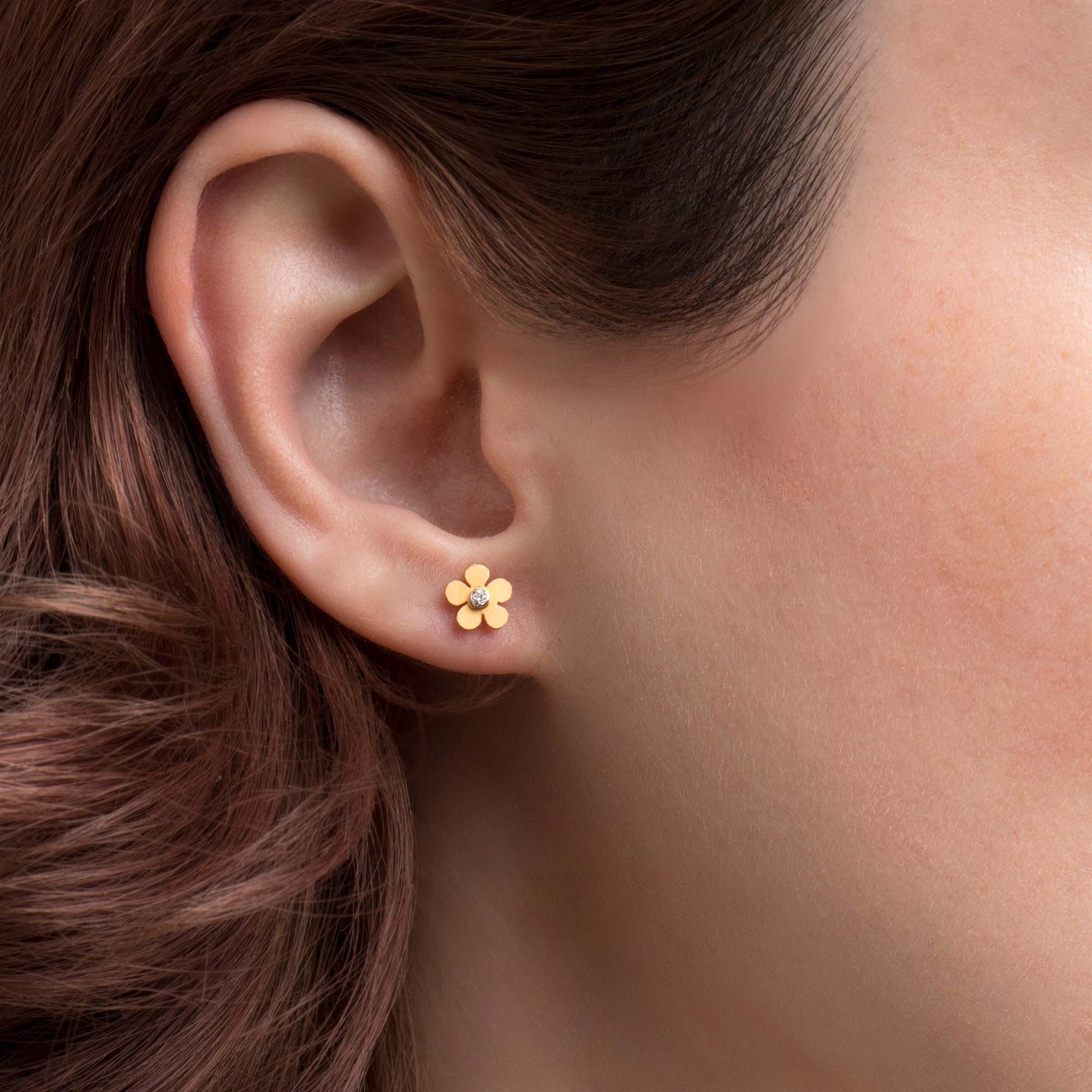 Minimal Matte Finish Diamond Flower Studs in 14K Gold