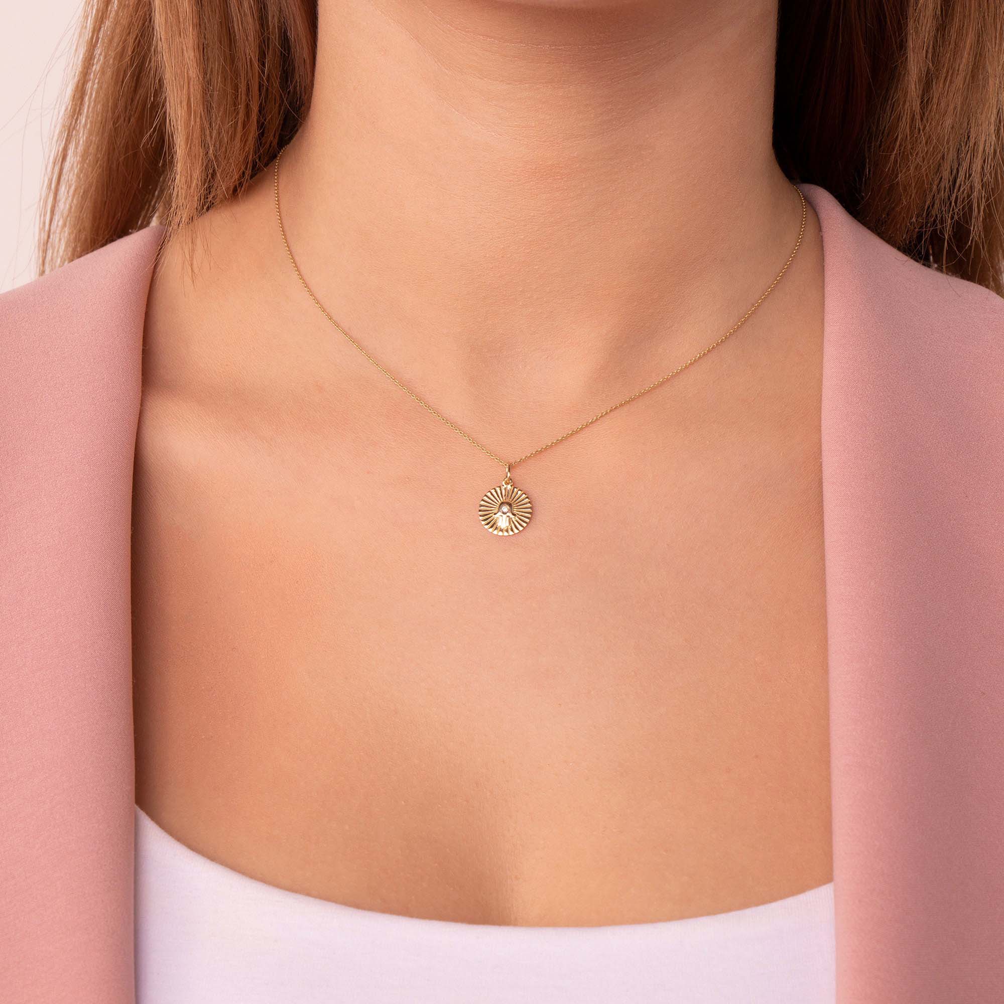 Mini Diamond Hamsa Coin Necklace in 14K Gold