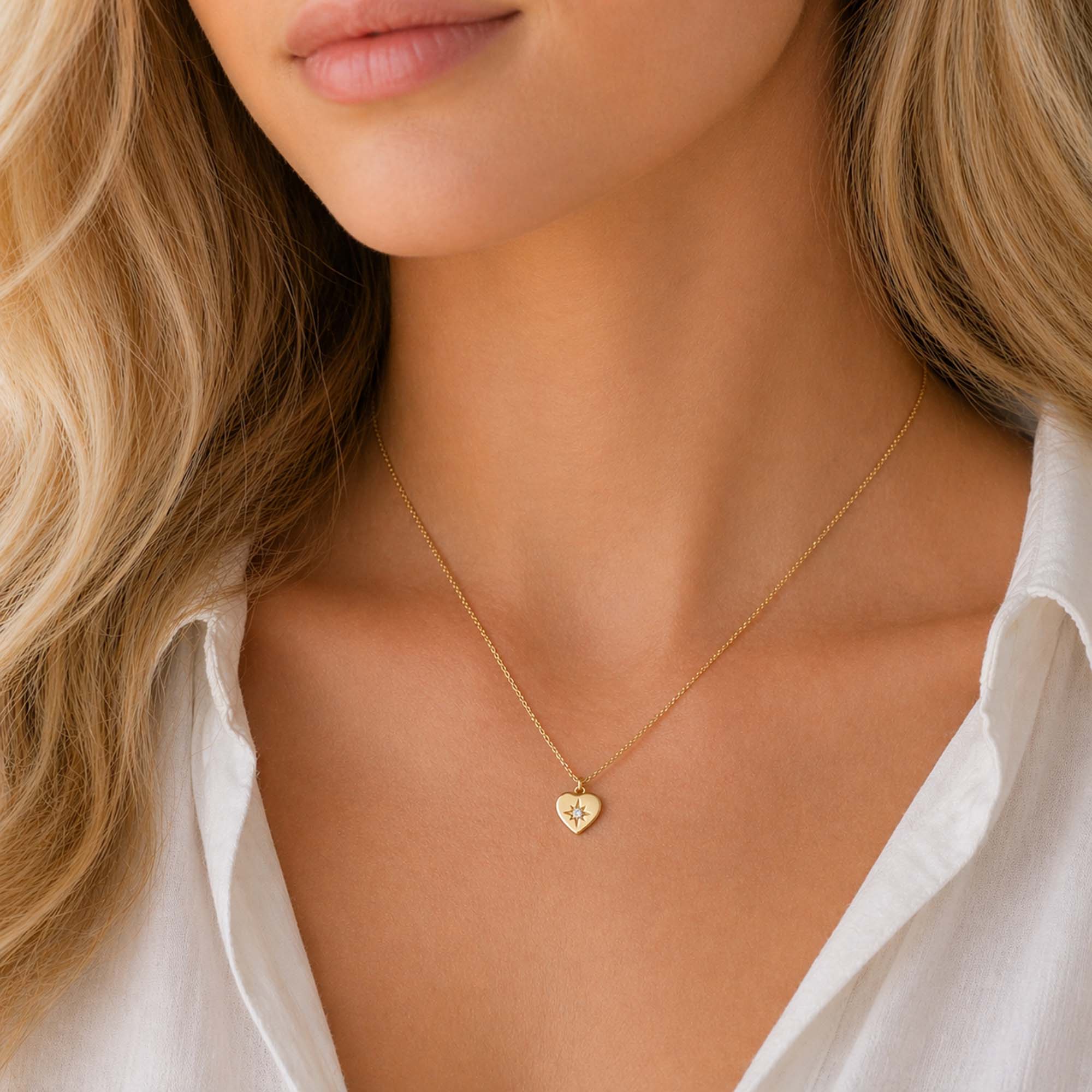 Mini Diamond Star Inlaid Heart Necklace in 14K Gold