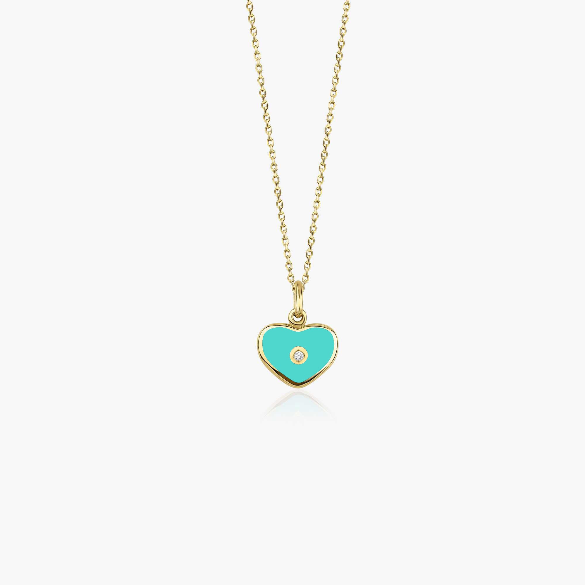 Mini Inlaid Diamond Turquoise Heart Necklace in 14K Gold
