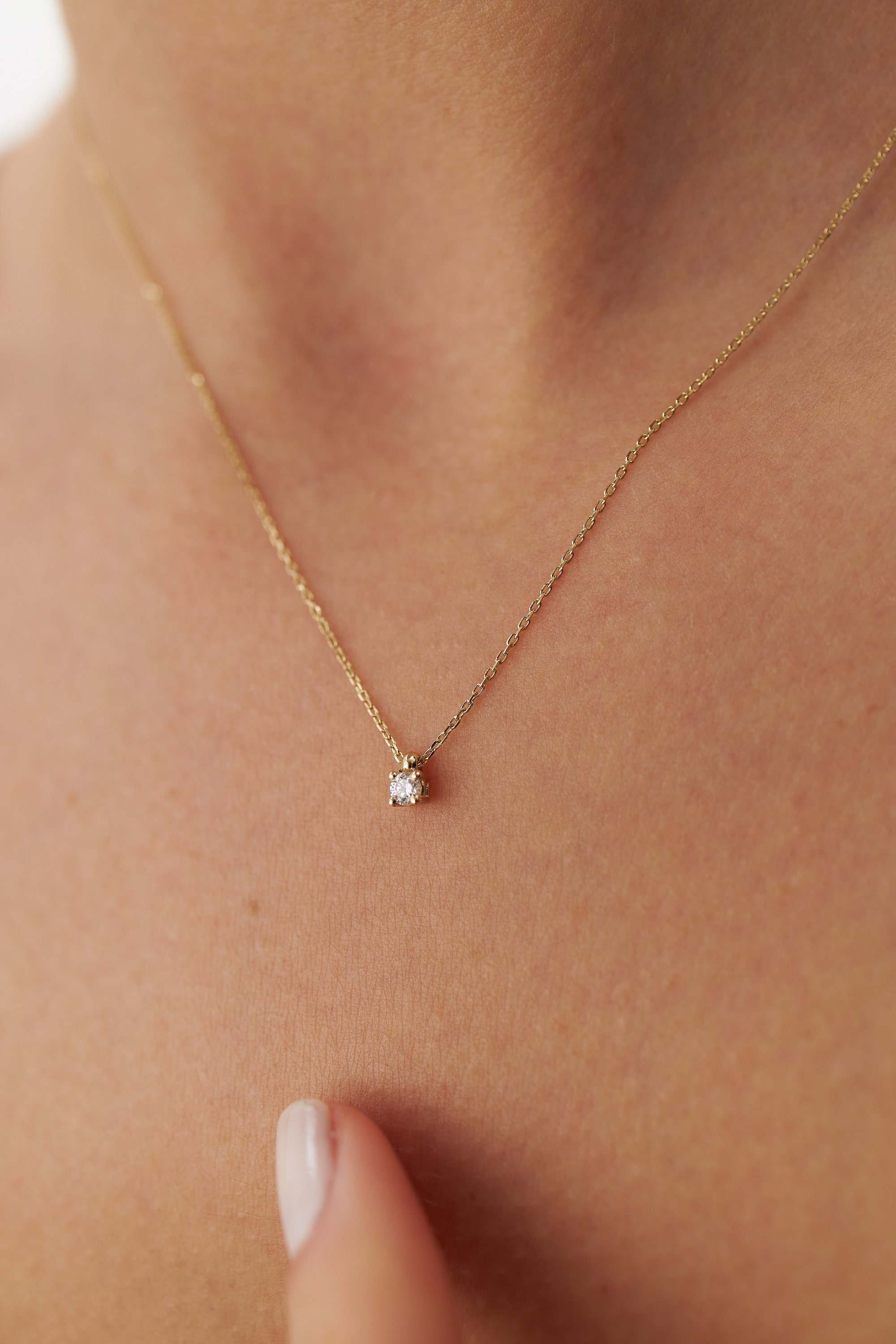 Mini Diamond Solitaire Necklace in 14K Gold / Four Prong Mini
