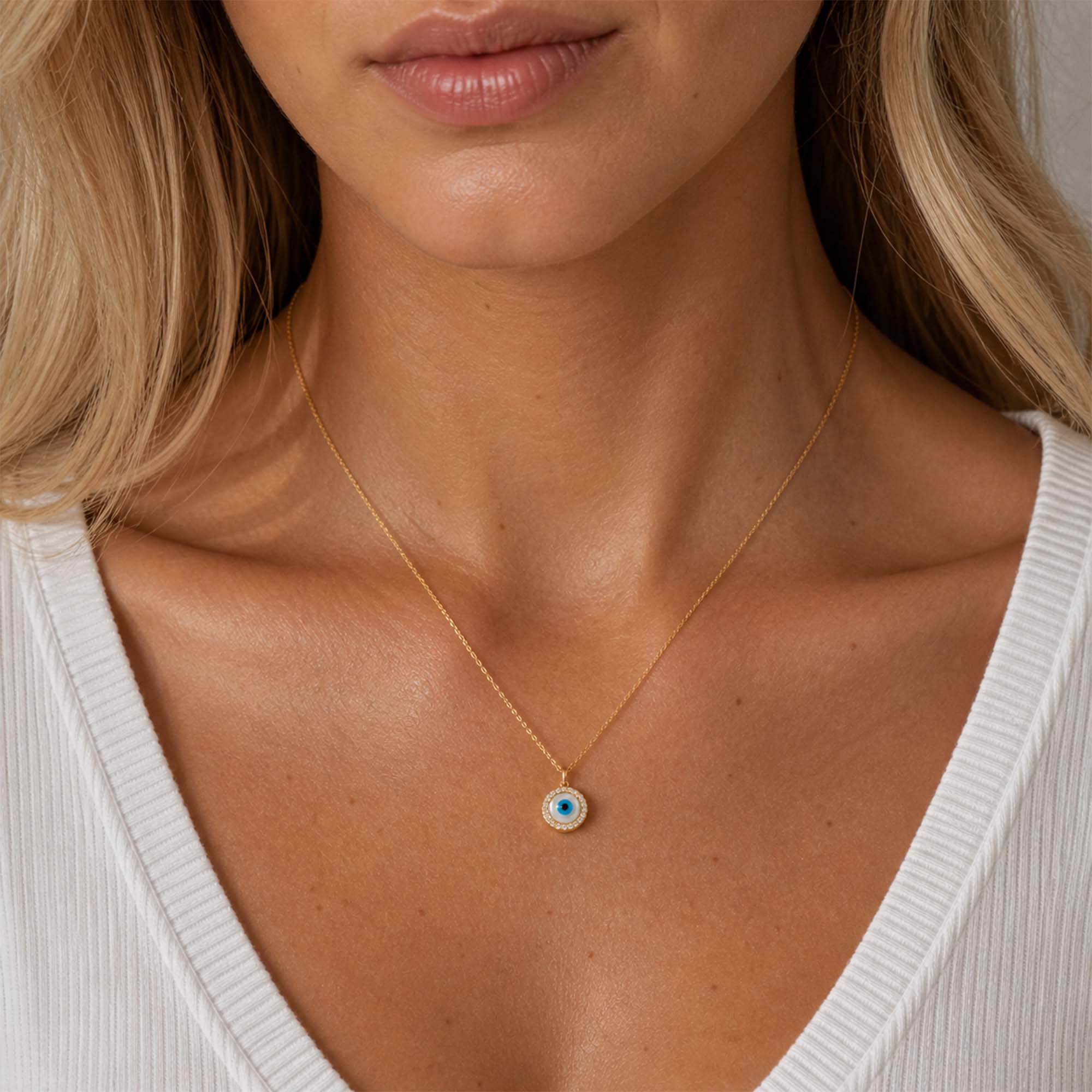 Mini Diamond and Mother of Pearl Evil Eye Necklace 14K Gold