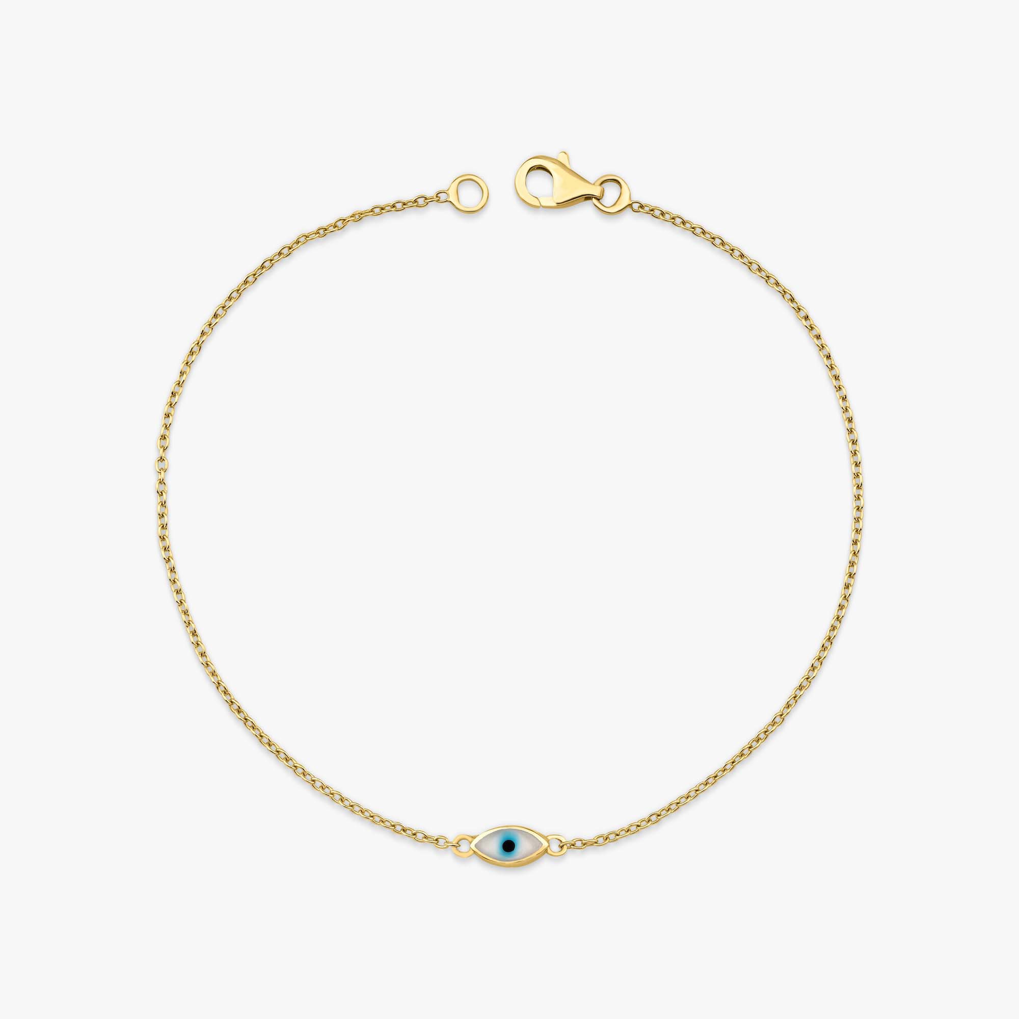 A 14K gold solid evil eye bracelet with white enamel accents, featuring a double-sided design with eyes on both sides.