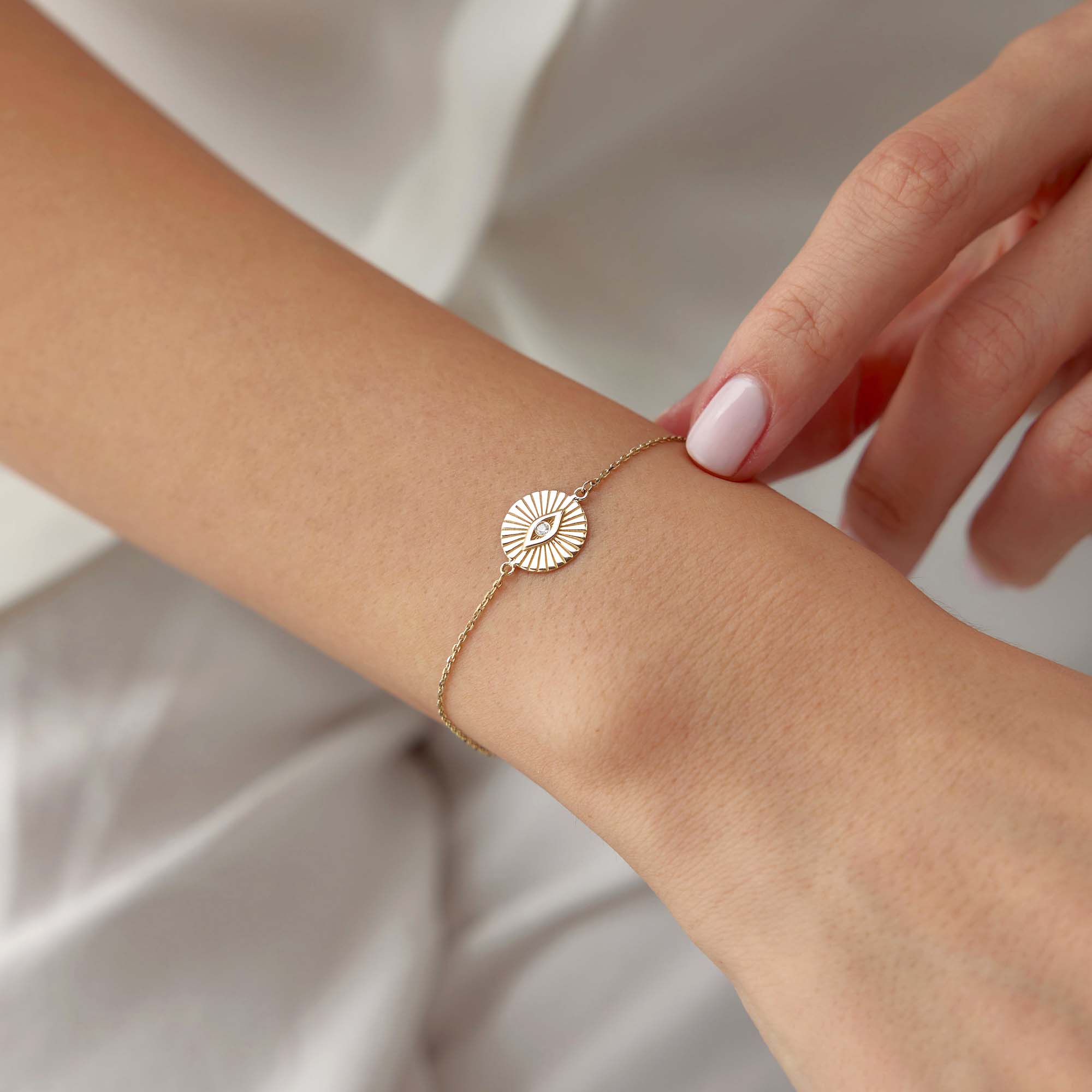 Mini Diamond Evil Eye Coin Bracelet in 14K Gold