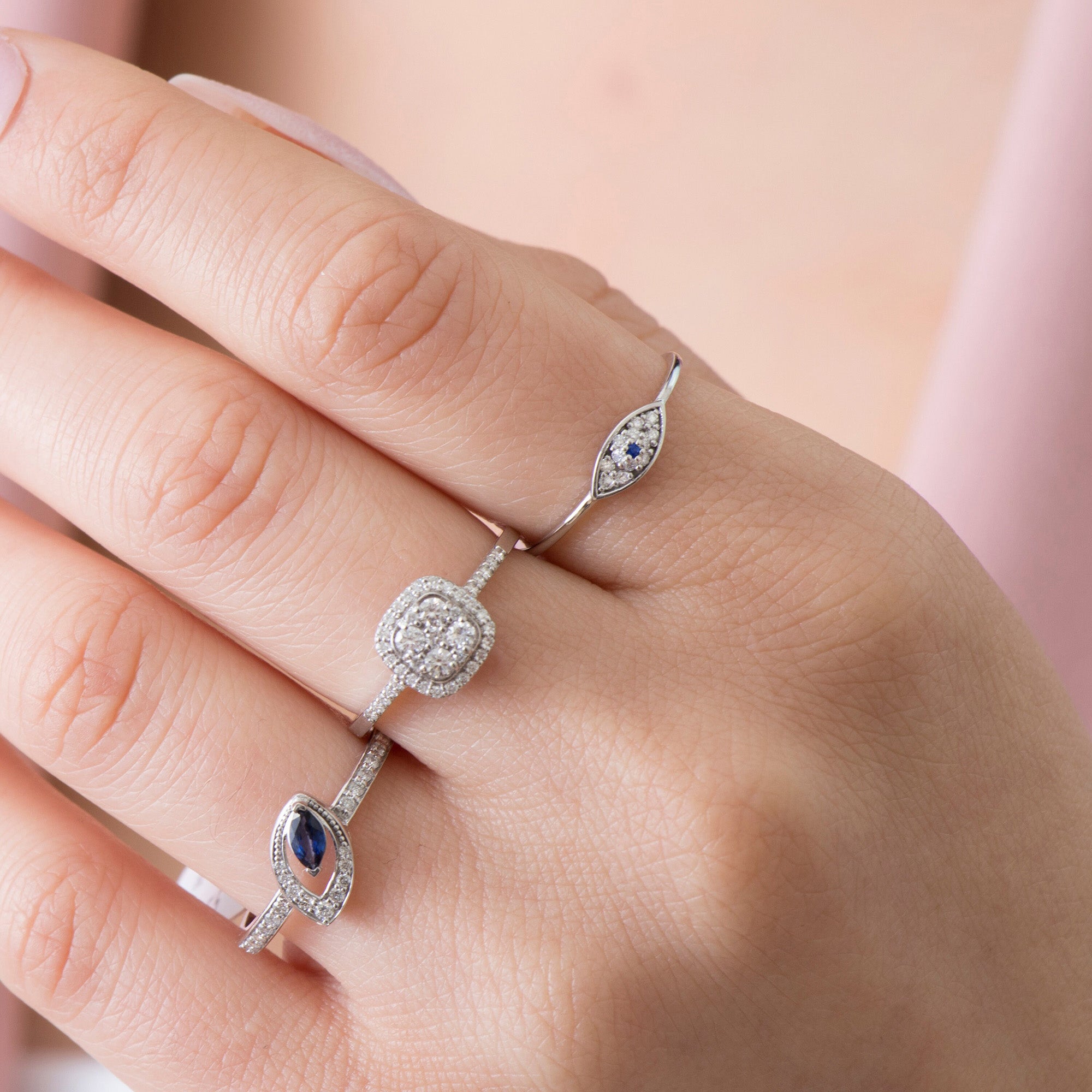 Itty Bitty Tiny Diamond and Sapphire Evil Eye Ring in 14K Gold