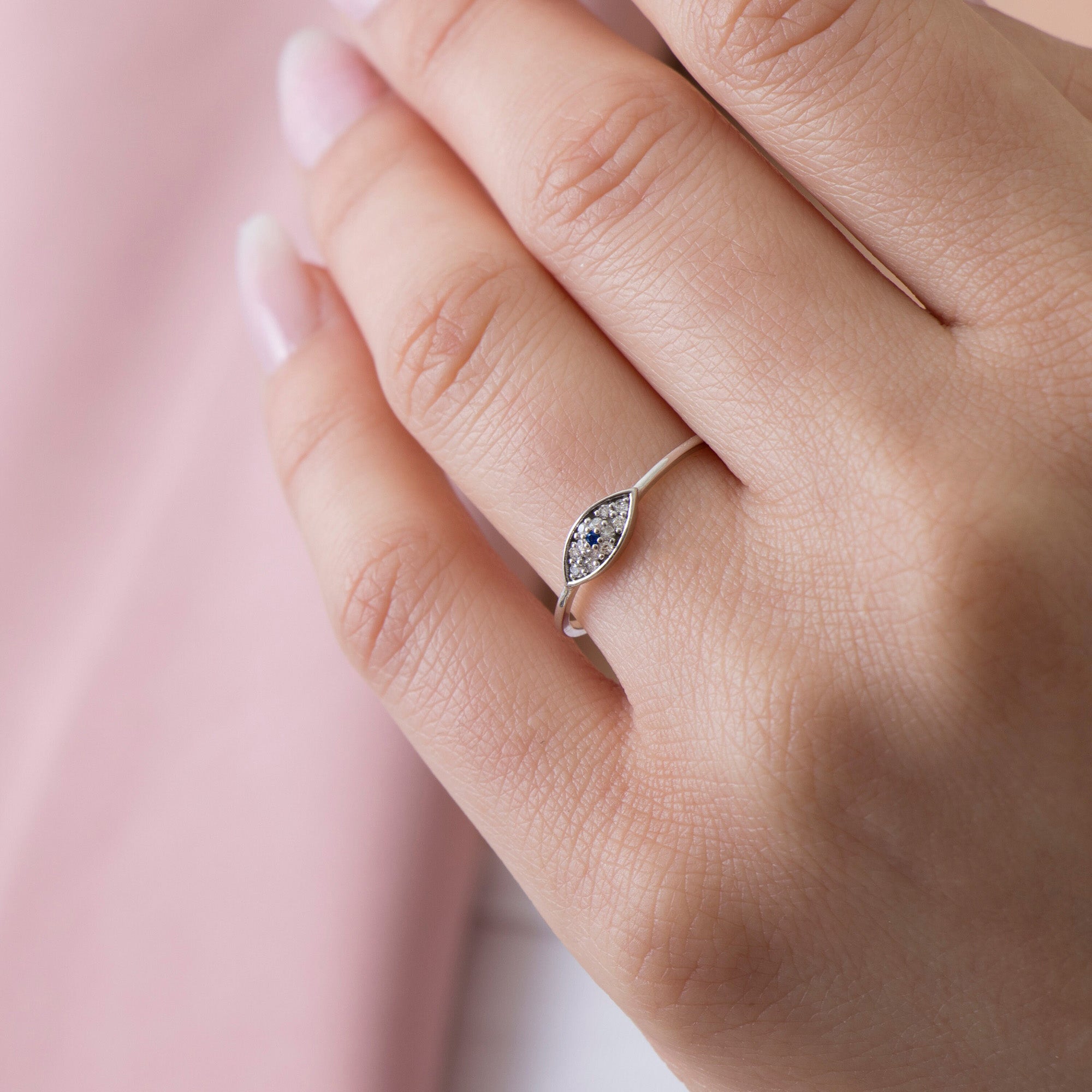 Itty Bitty Tiny Diamond and Sapphire Evil Eye Ring in 14K Gold