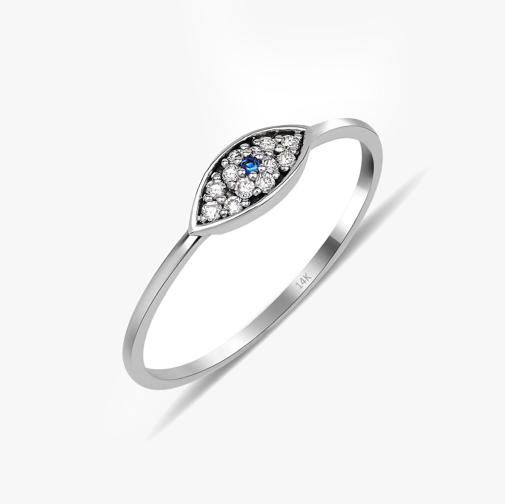 Itty Bitty Tiny Diamond and Sapphire Evil Eye Ring in 14K Gold