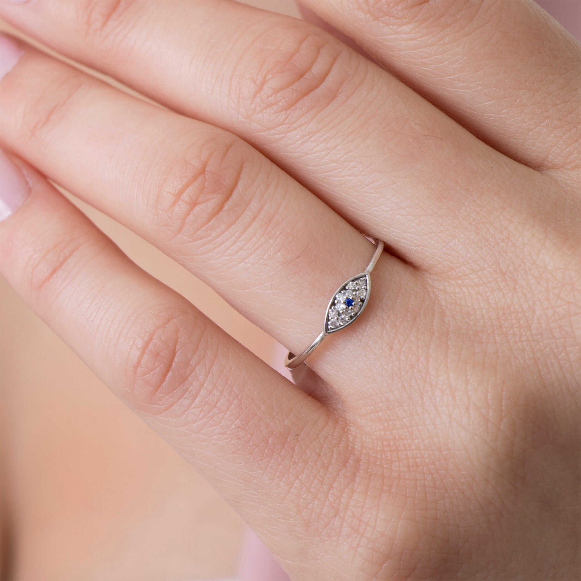 Itty Bitty Tiny Diamond and Sapphire Evil Eye Ring in 14K Gold