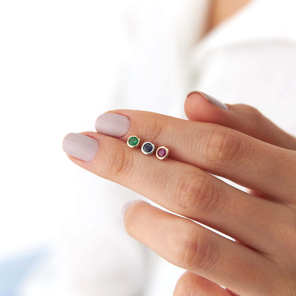 Mini Bezel Set Emerald Studs in 14K Gold