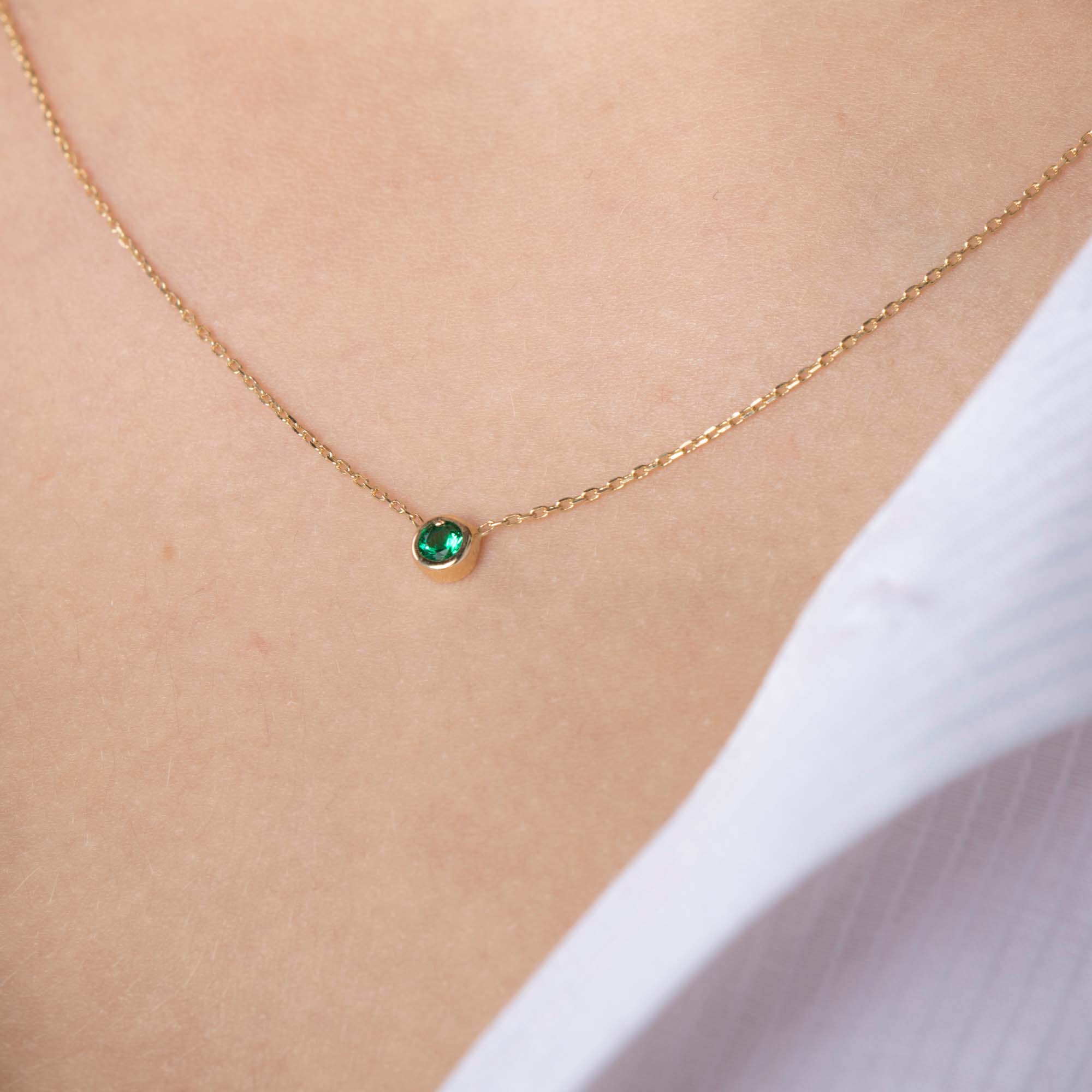Mini Lab Emerald Solitaire Necklace in 14K Gold